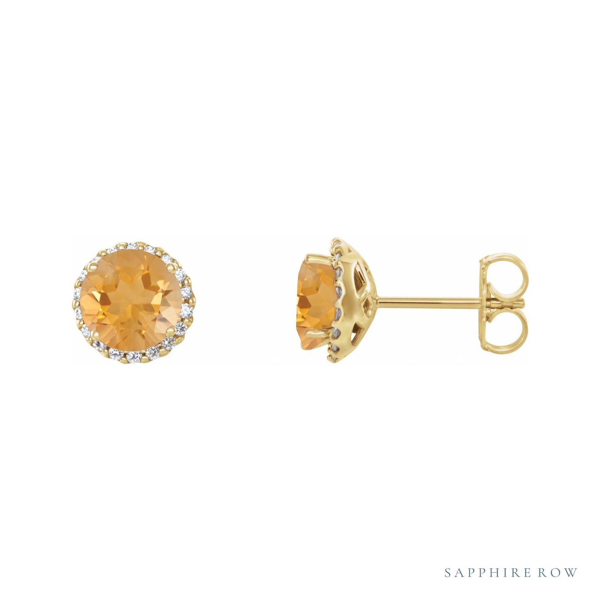 Sapphire Row Natural Gemstone Halo Stud Earrings - Citrine, 14K Yellow Gold