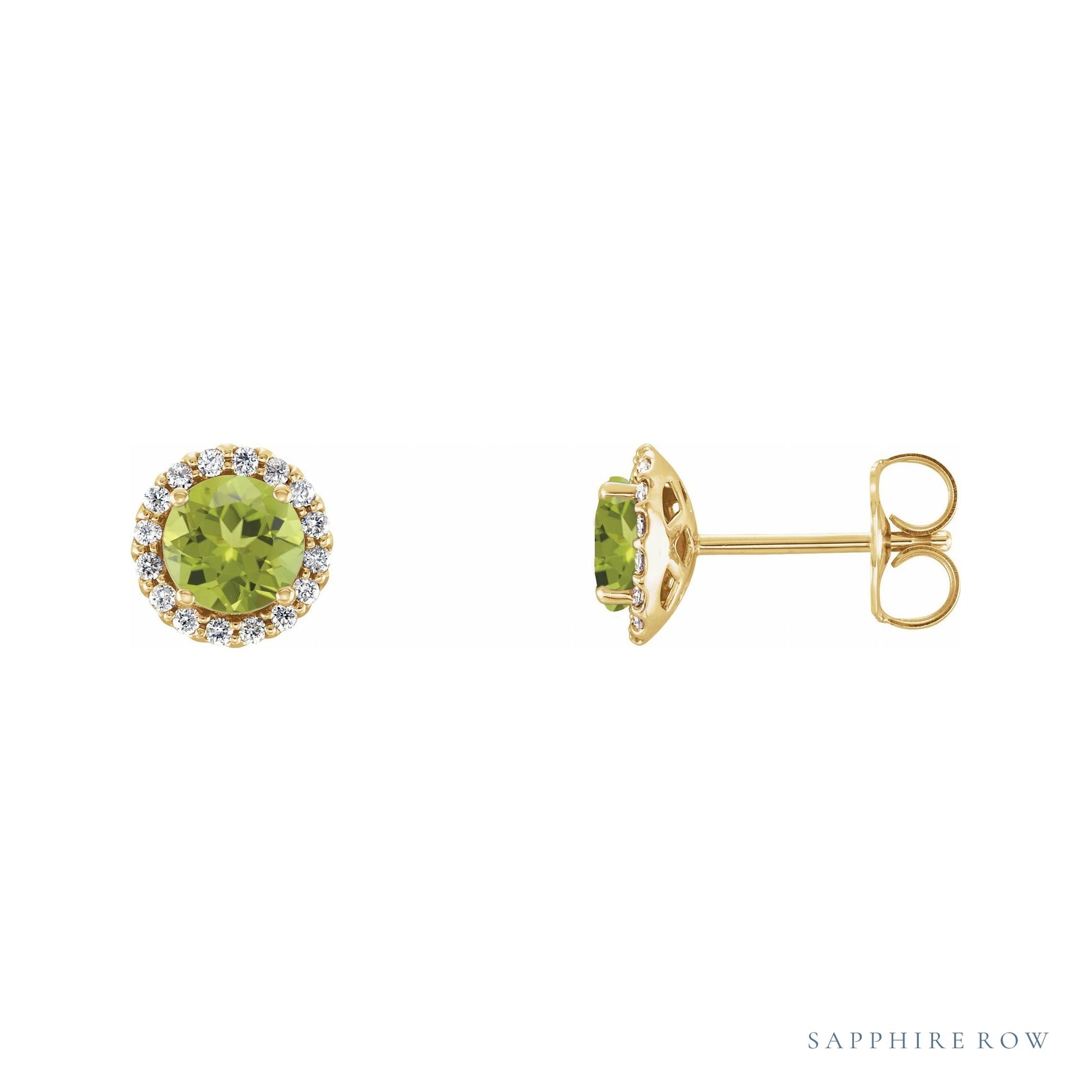 Sapphire Row Natural Gemstone Halo Stud Earrings - Peridot, 14K Yellow Gold