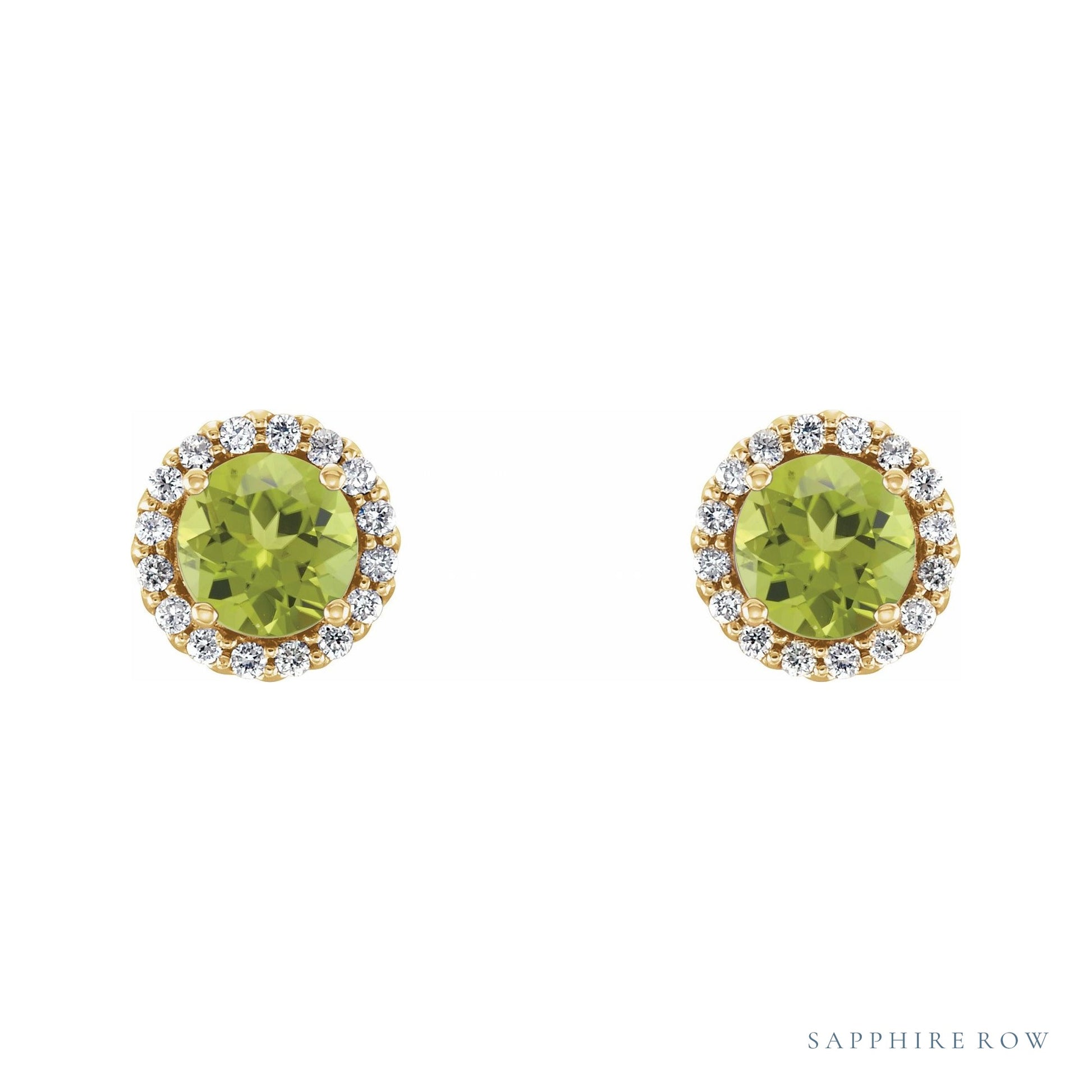 Sapphire Row Natural Gemstone Halo Stud Earrings - Peridot, 14K Yellow Gold (view 2)
