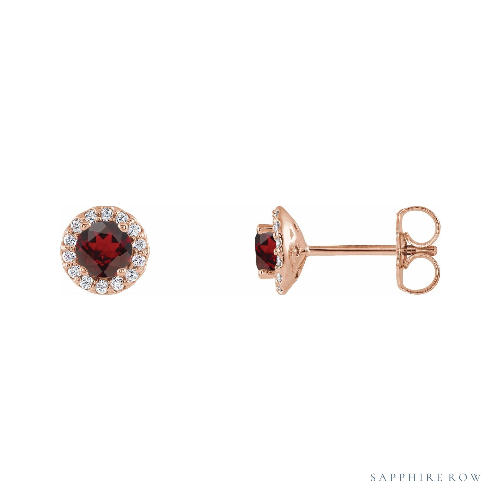 Sapphire Row Natural Gemstone Halo Stud Earrings - Mozambique Garnet, 14K Rose Gold, 4 mm