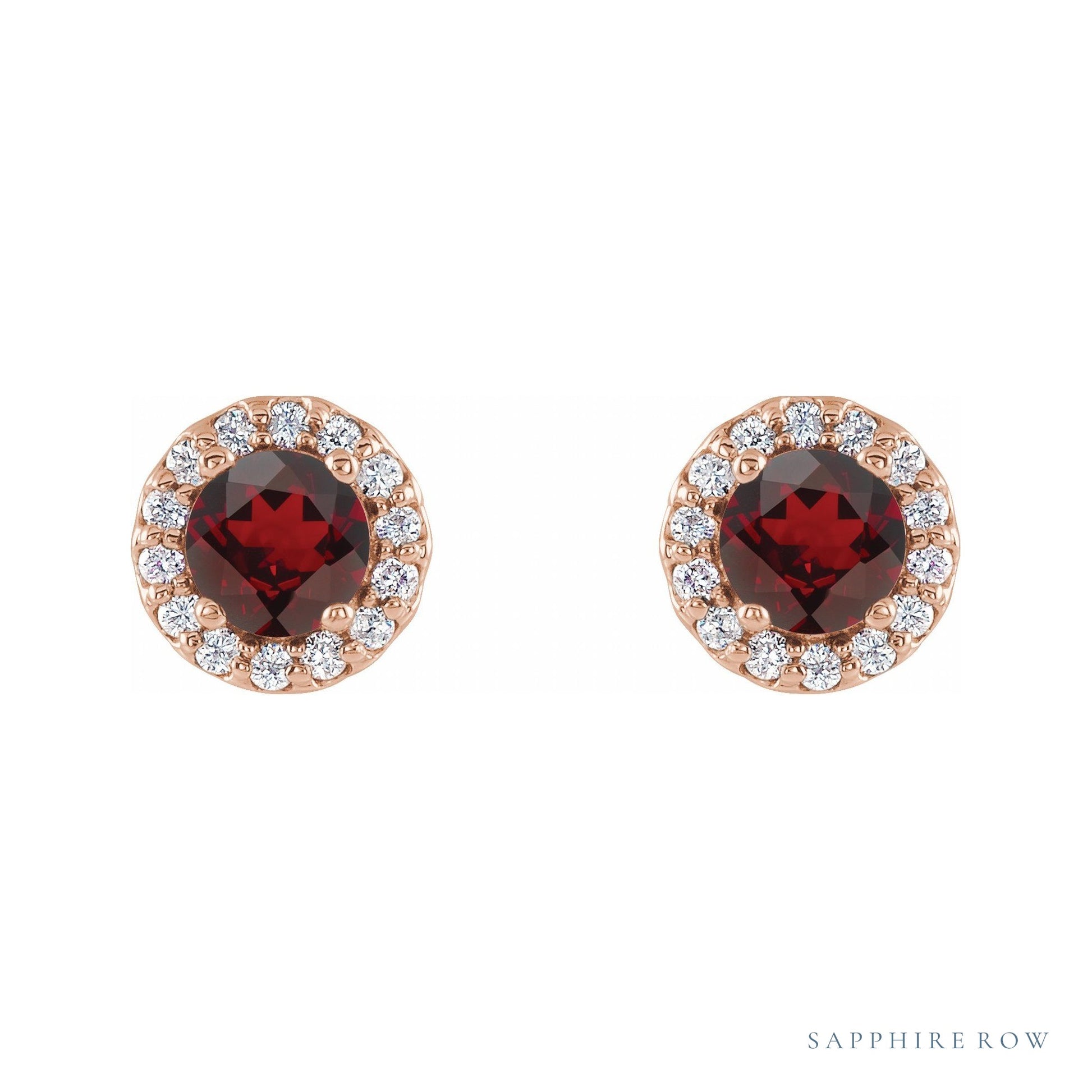 Sapphire Row Natural Gemstone Halo Stud Earrings - Mozambique Garnet, 14K Rose Gold, 4 mm (view 2)