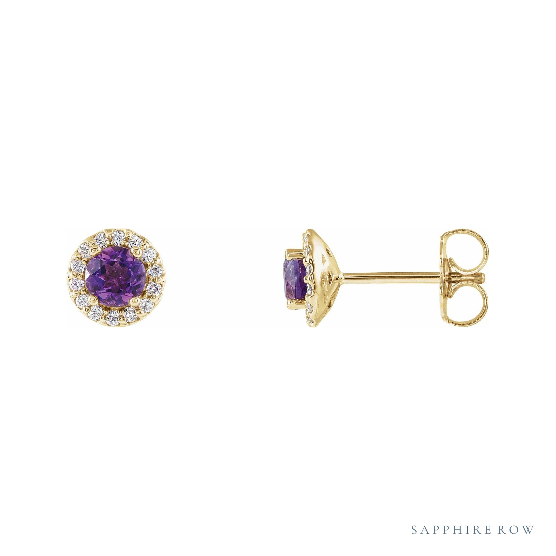Sapphire Row Natural Gemstone Halo Stud Earrings - Amethyst, 14K Yellow Gold