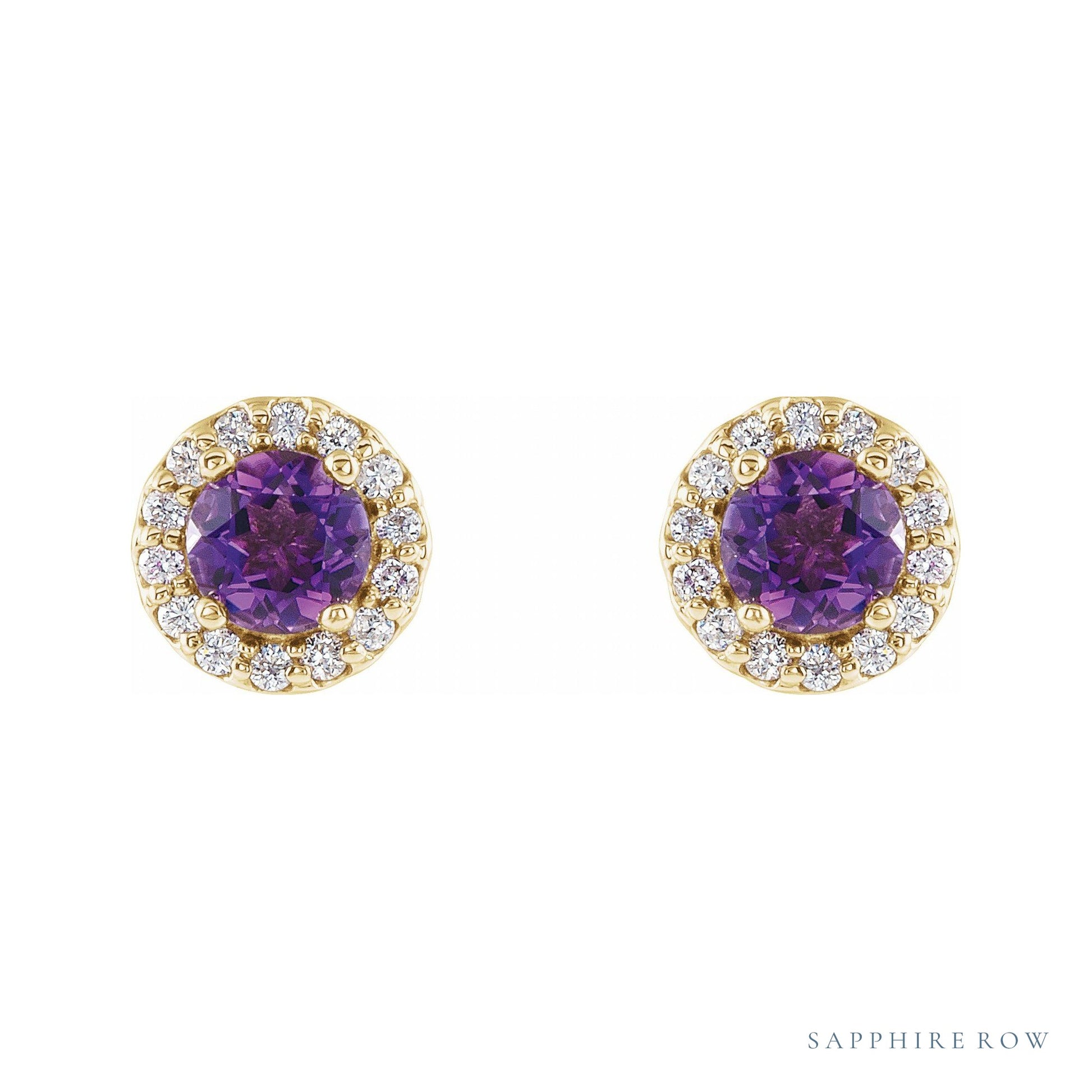 Sapphire Row Natural Gemstone Halo Stud Earrings - Amethyst, 14K Yellow Gold (view 2)