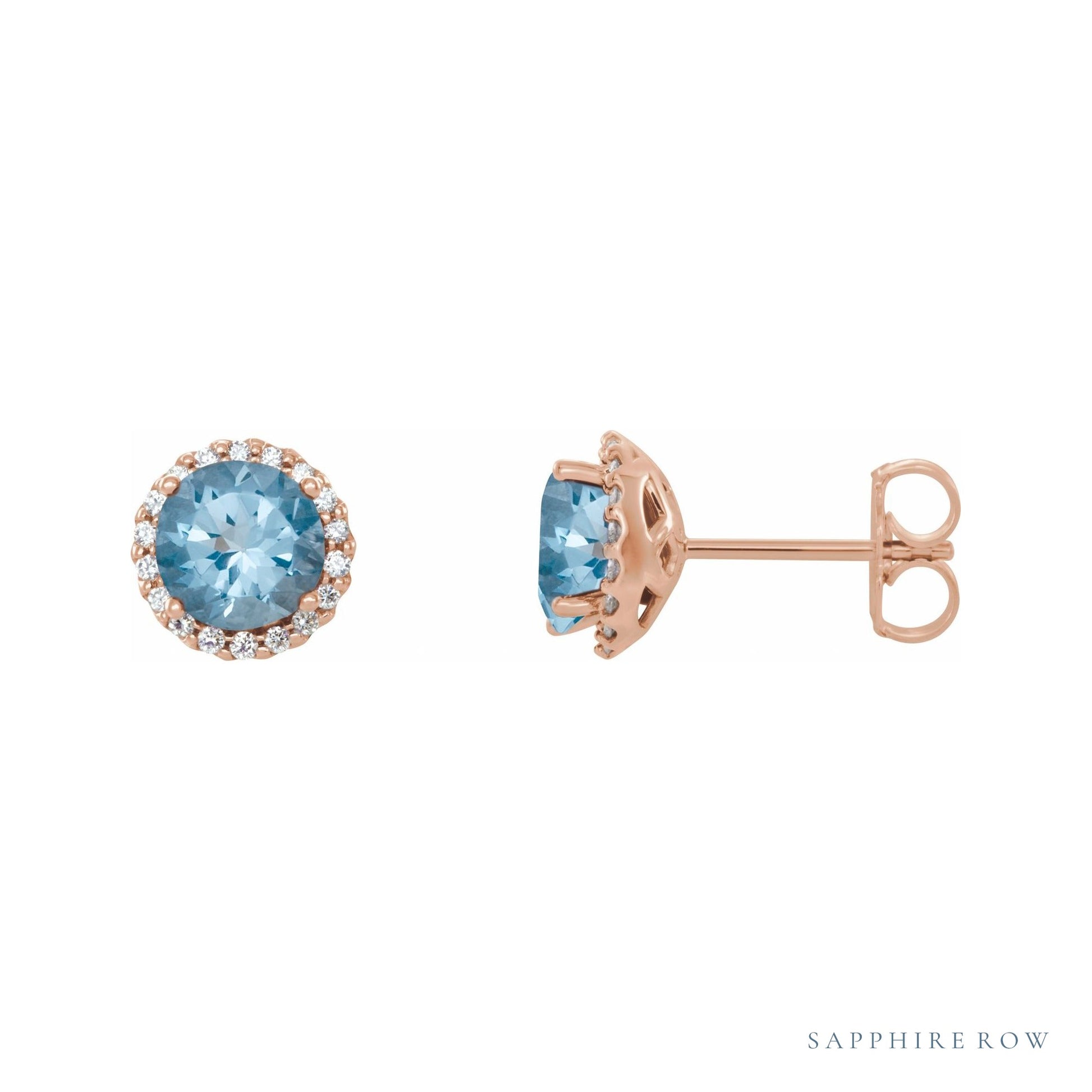 Sapphire Row Natural Gemstone Halo Stud Earrings - Aquamarine, 14K Rose Gold