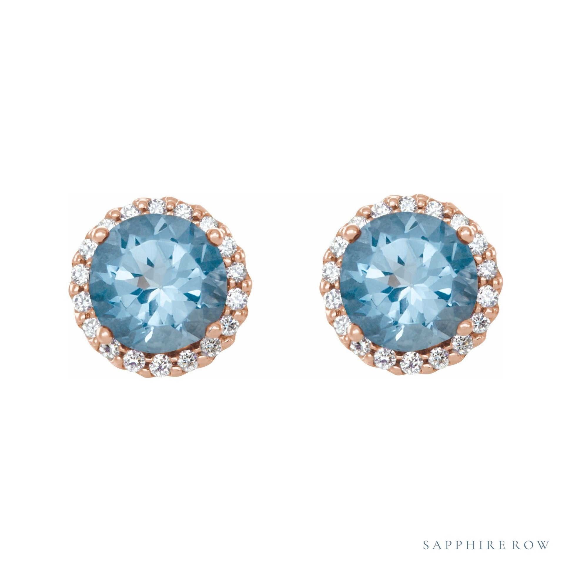 Sapphire Row Natural Gemstone Halo Stud Earrings - Aquamarine, 14K Rose Gold (view 2)