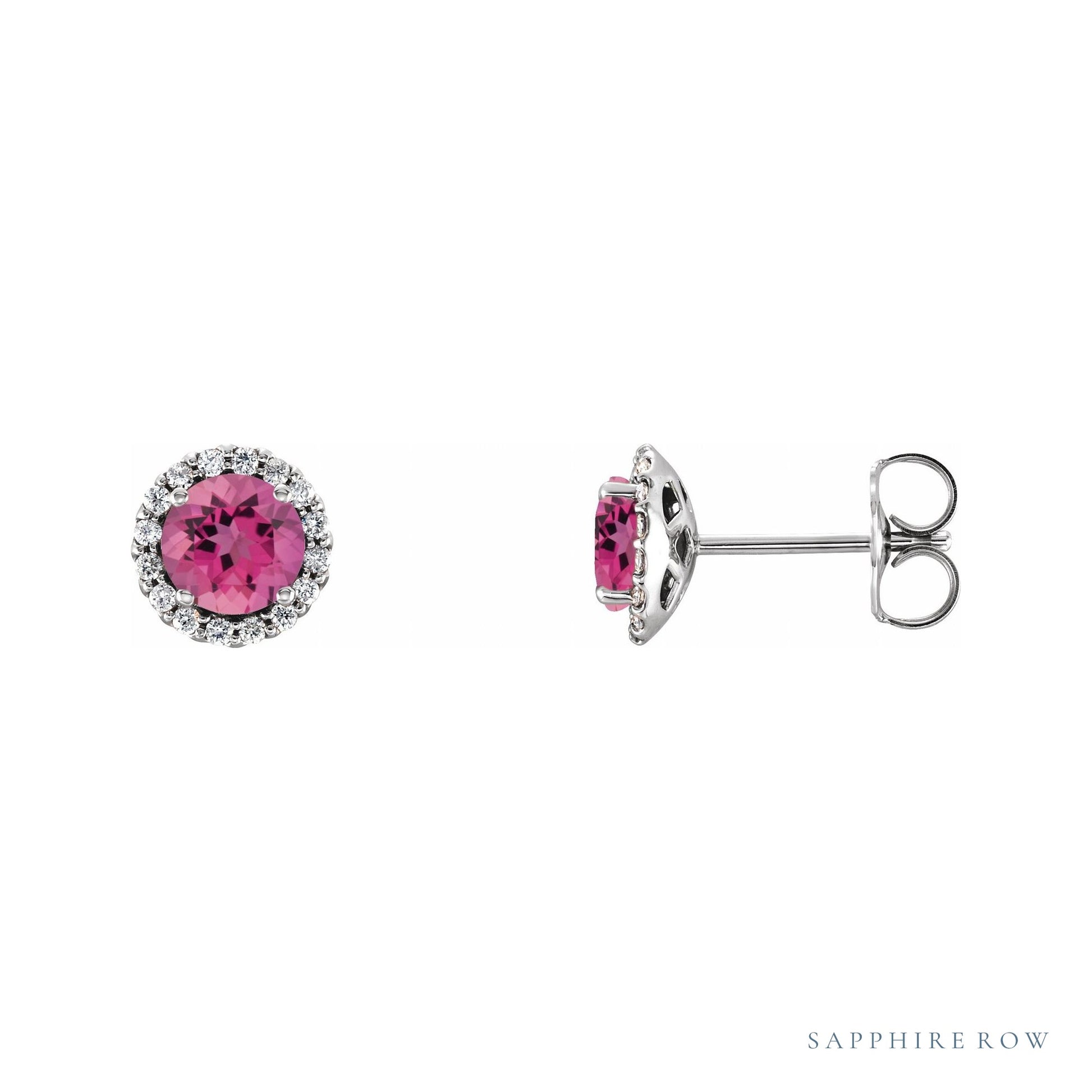 Sapphire Row Natural Gemstone Halo Stud Earrings - Pink Tourmaline, Platinum