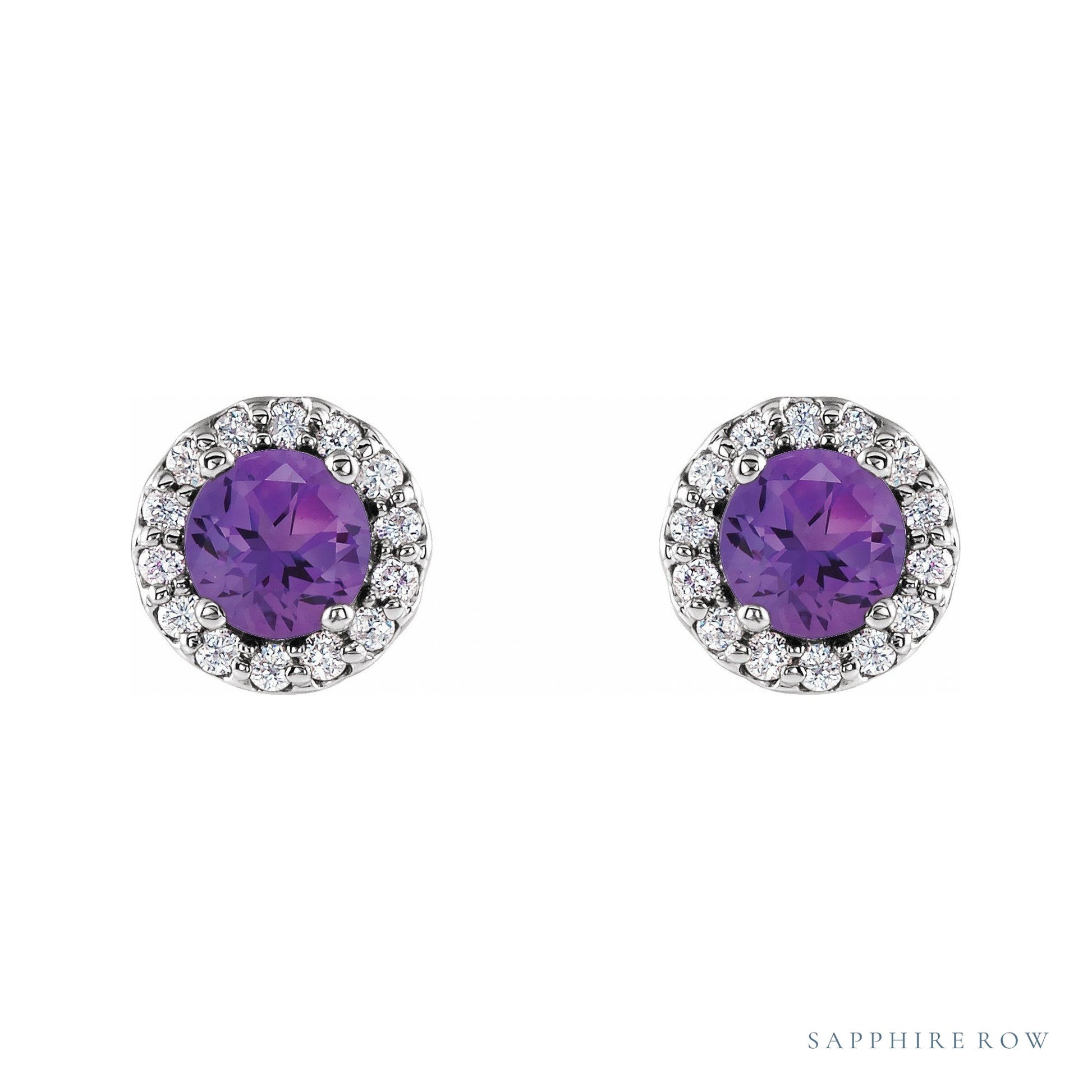 Sapphire Row Natural Gemstone Halo Stud Earrings - Amethyst, Platinum (view 2)