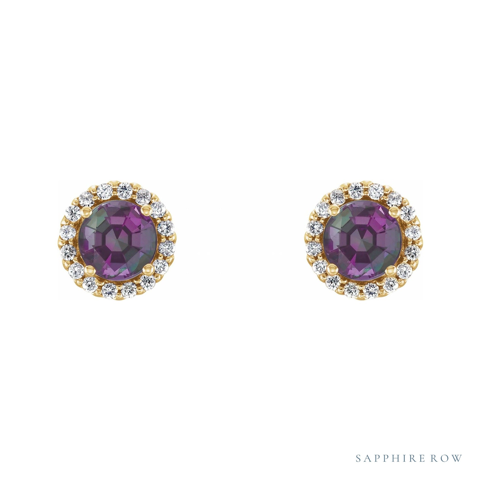 Sapphire Row Natural Gemstone Halo Stud Earrings - Alexandrite, 14K Yellow Gold, 3.5 mm (view 2)