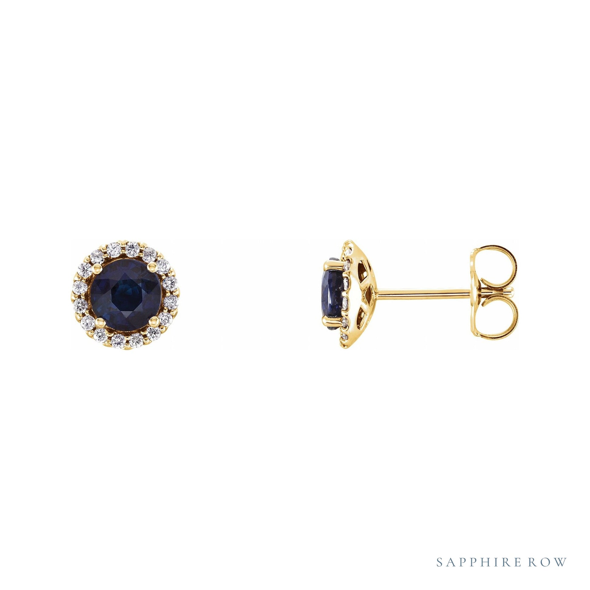 Sapphire Row Natural Gemstone Halo Stud Earrings - Blue Sapphire, 14K Yellow Gold, 5 mm