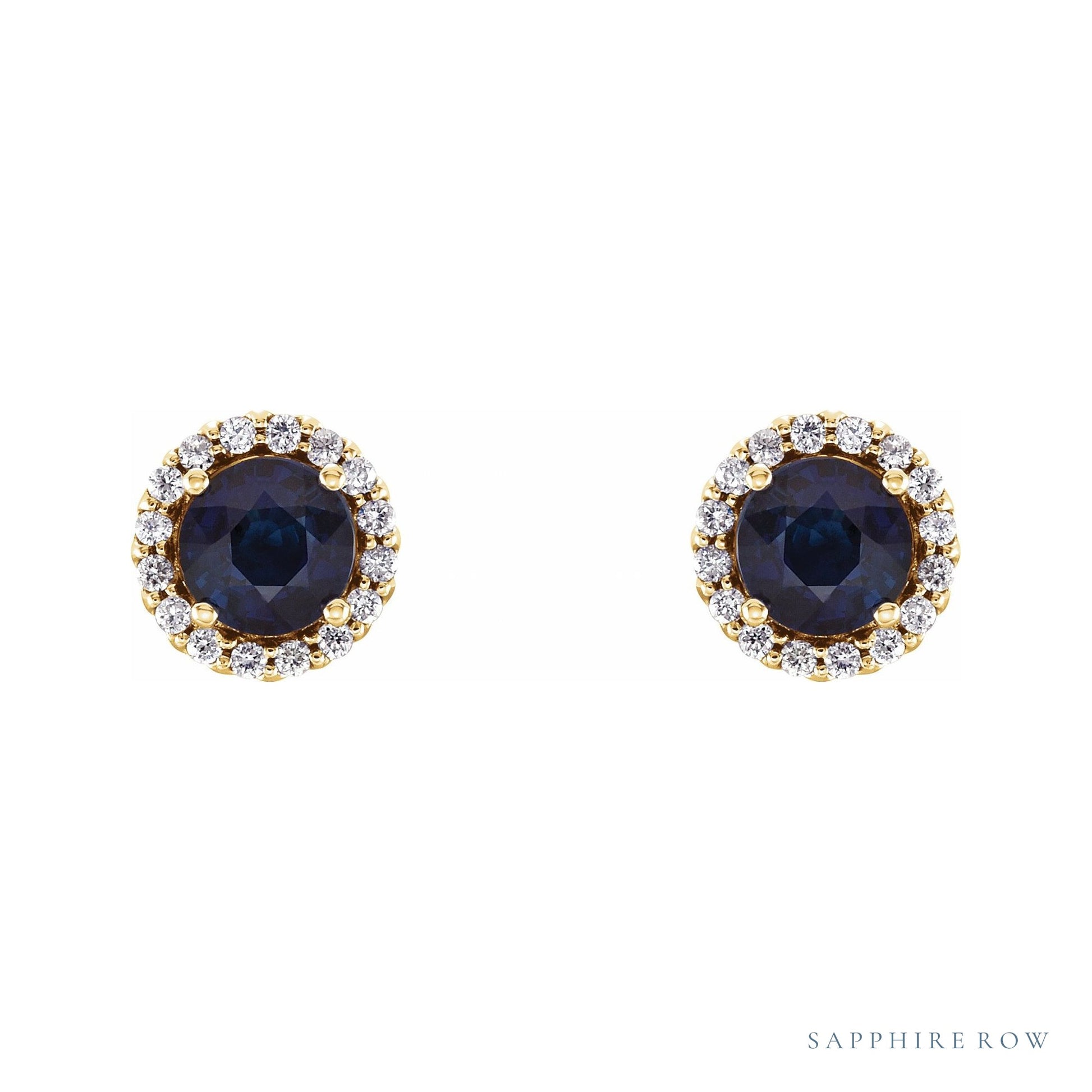 Sapphire Row Natural Gemstone Halo Stud Earrings - Blue Sapphire, 14K Yellow Gold, 5 mm (view 2)