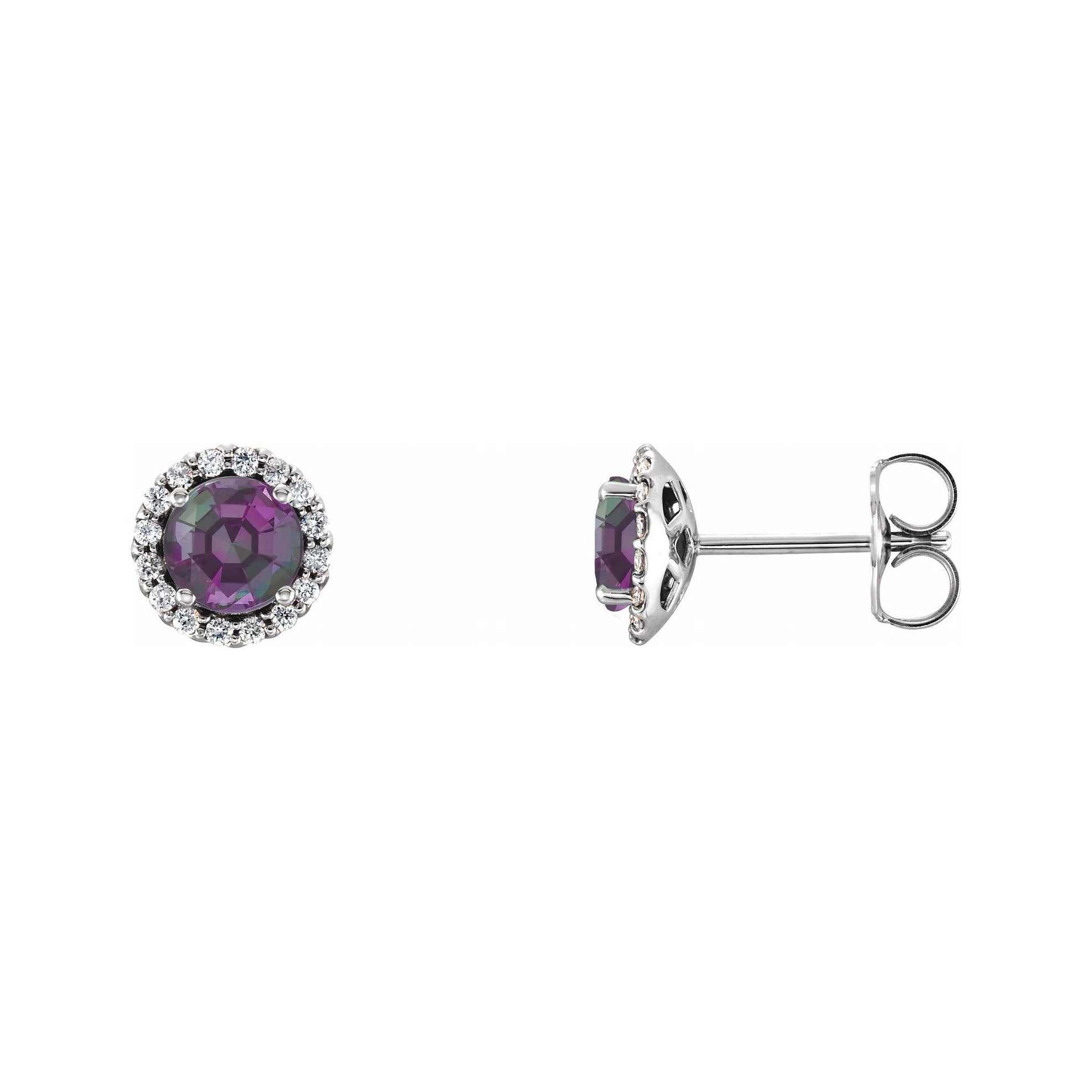 Sapphire Row Natural Gemstone Halo Stud Earrings - Alexandrite, 14K White Gold, 3.5 mm