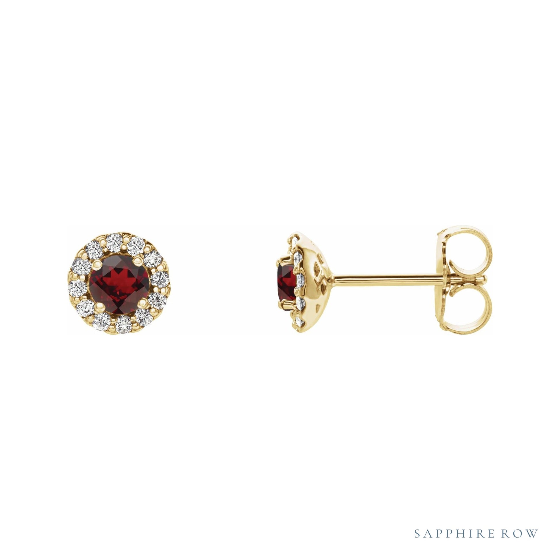 Sapphire Row Natural Gemstone Halo Stud Earrings - Mozambique Garnet, 14K Yellow Gold