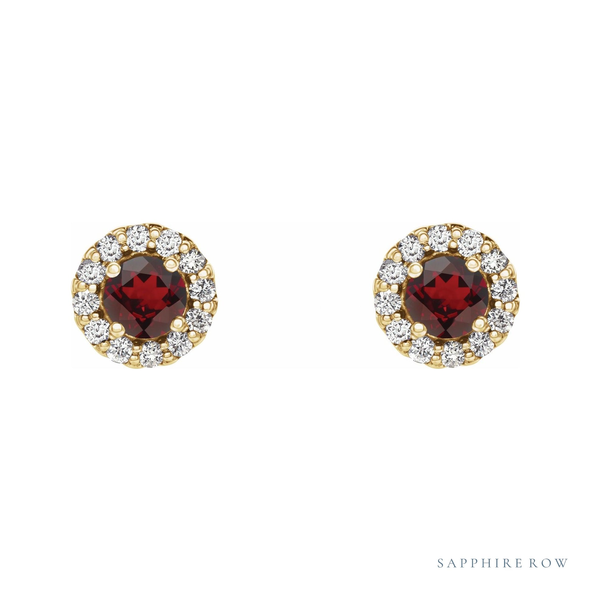 Sapphire Row Natural Gemstone Halo Stud Earrings - Mozambique Garnet, 14K Yellow Gold (view 2)