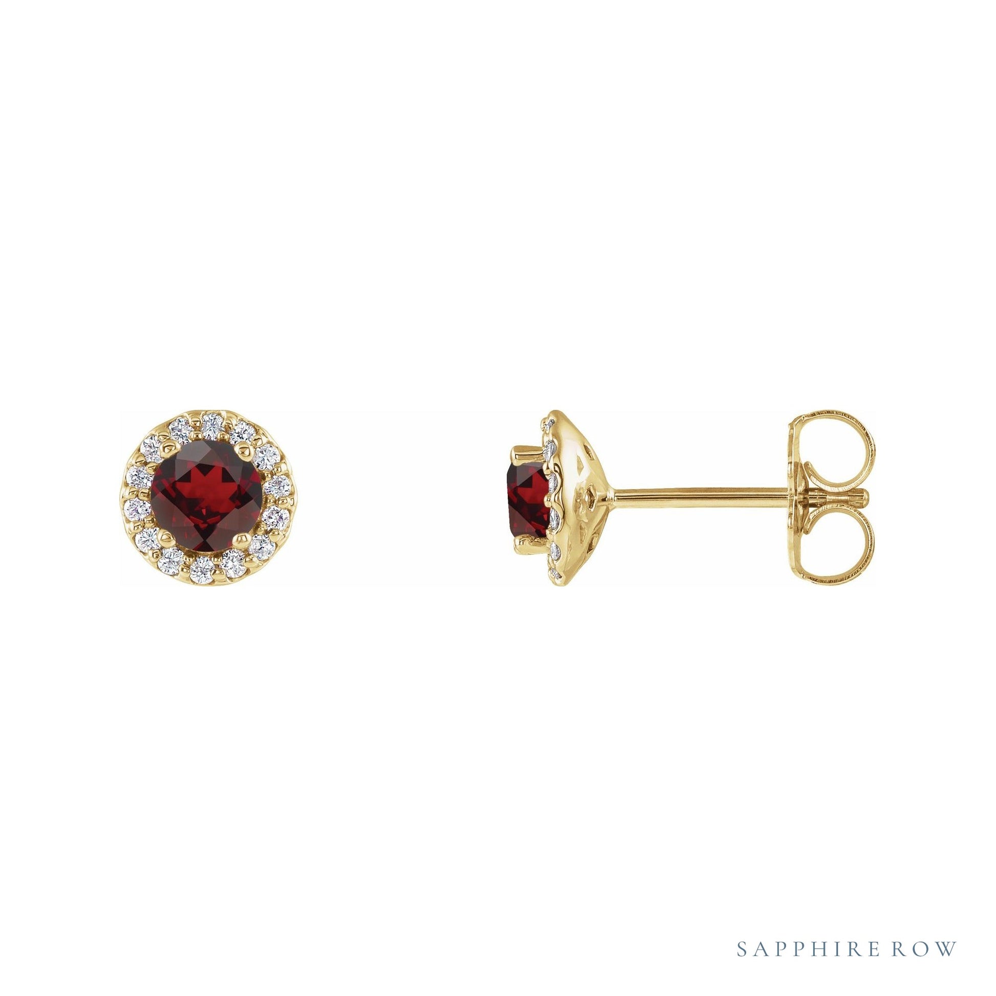 Sapphire Row Natural Gemstone Halo Stud Earrings - Mozambique Garnet, 14K Yellow Gold, 4 mm