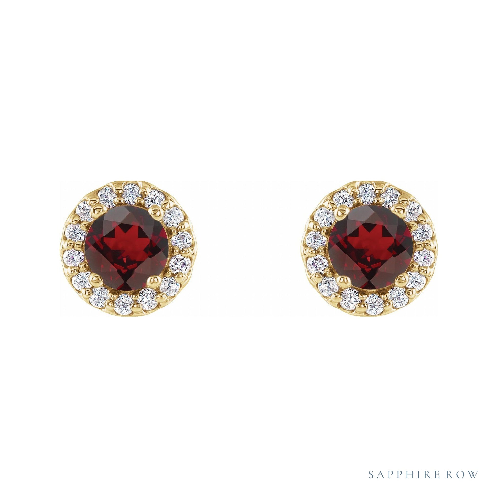 Sapphire Row Natural Gemstone Halo Stud Earrings - Mozambique Garnet, 14K Yellow Gold, 4 mm (view 2)