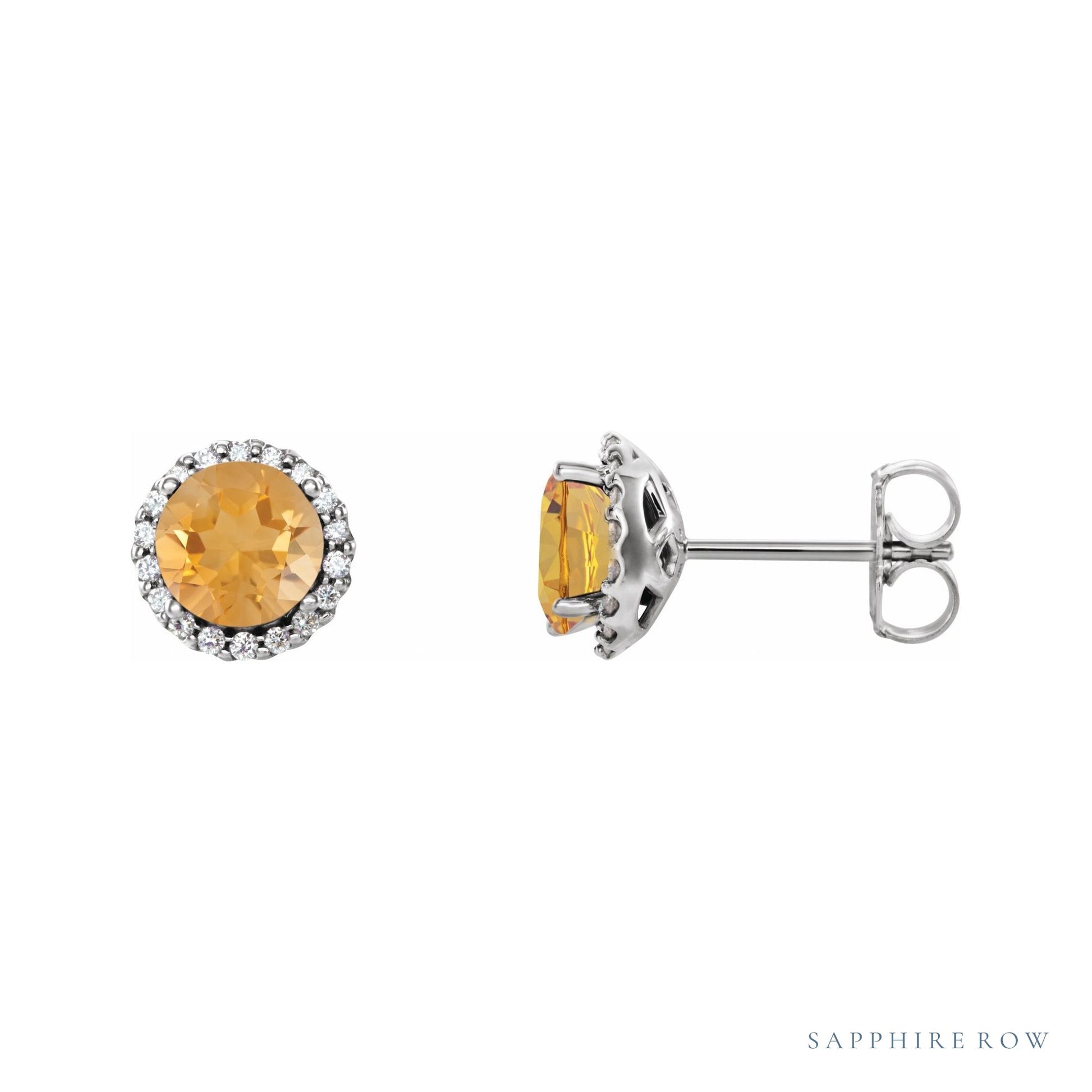 Sapphire Row Natural Gemstone Halo Stud Earrings - Citrine, Platinum