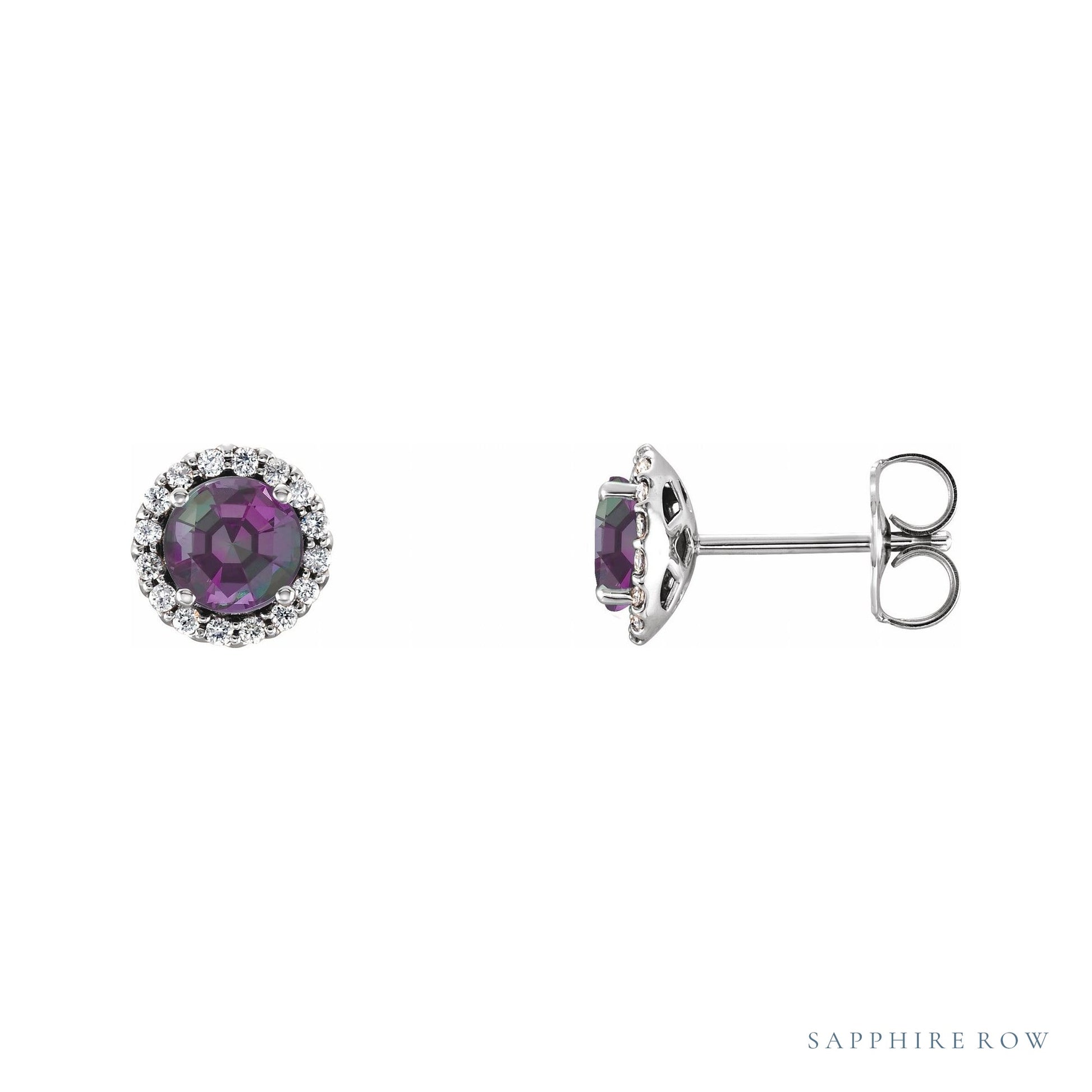 Sapphire Row Natural Gemstone Halo Stud Earrings - Alexandrite, Platinum, 3.5 mm