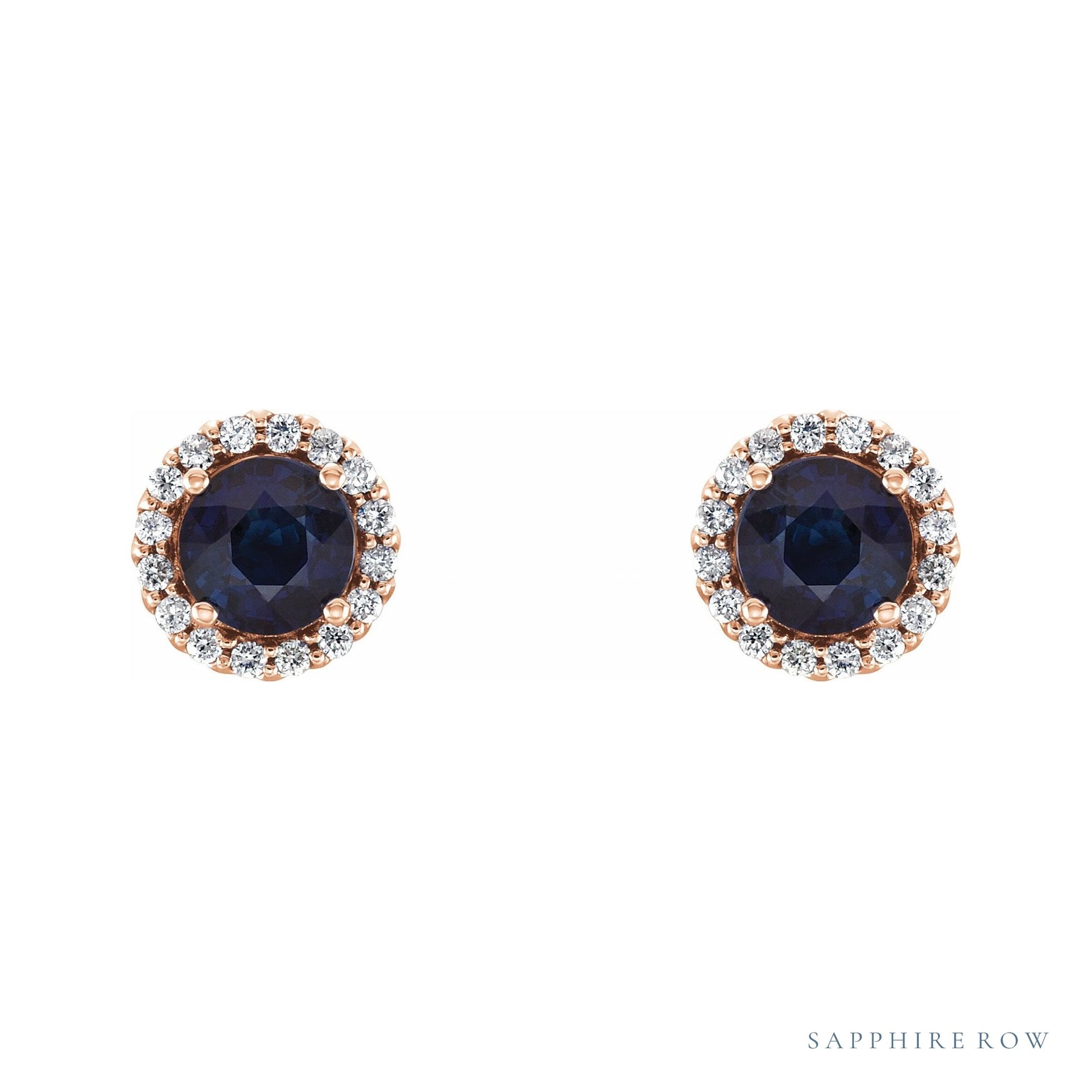 Sapphire Row Natural Gemstone Halo Stud Earrings - Blue Sapphire, 14K Rose Gold (view 2)