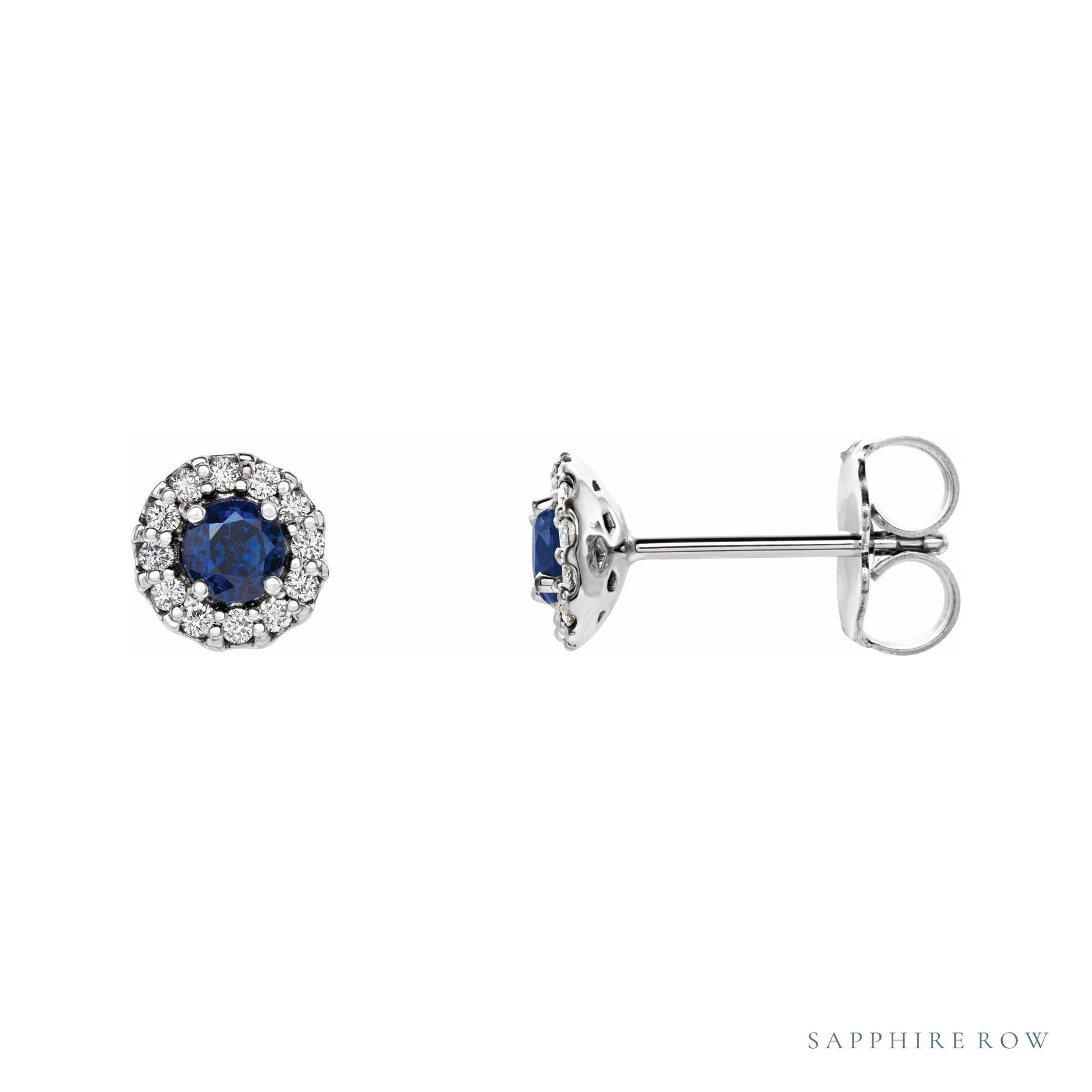 Sapphire Row Natural Gemstone Halo Stud Earrings - Blue Sapphire, Platinum, 3 mm