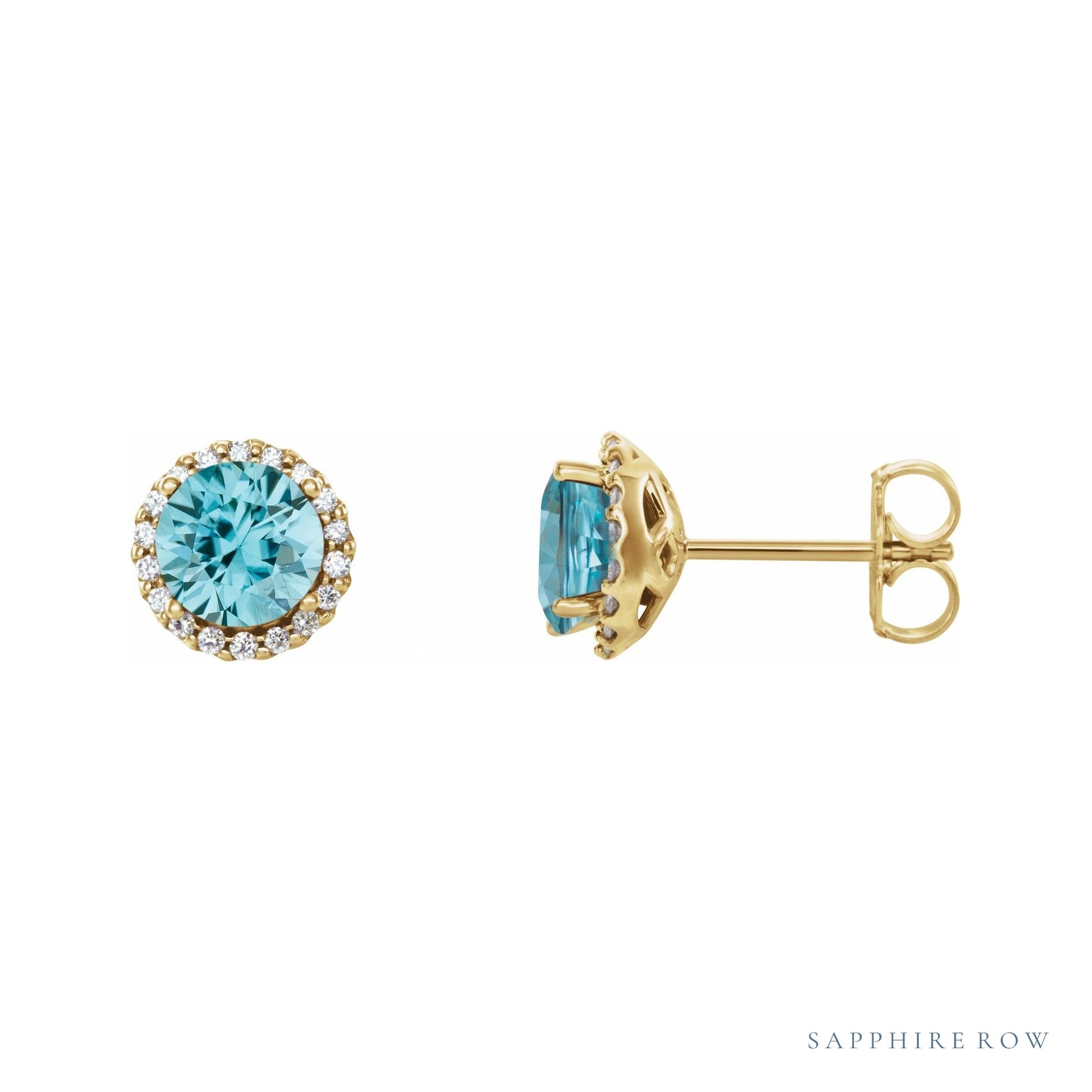 Sapphire Row Natural Gemstone Halo Stud Earrings - Blue Zircon, 14K Yellow Gold