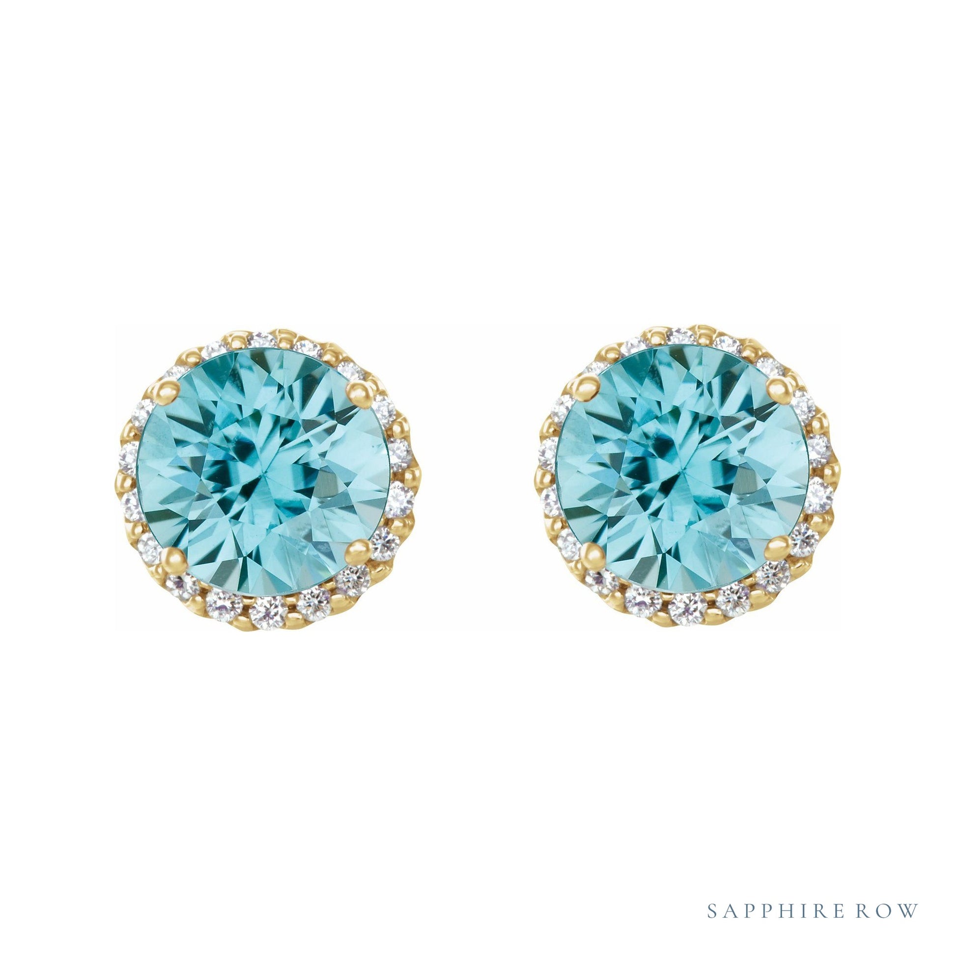 Sapphire Row Natural Gemstone Halo Stud Earrings - Blue Zircon, 14K Yellow Gold (view 2)