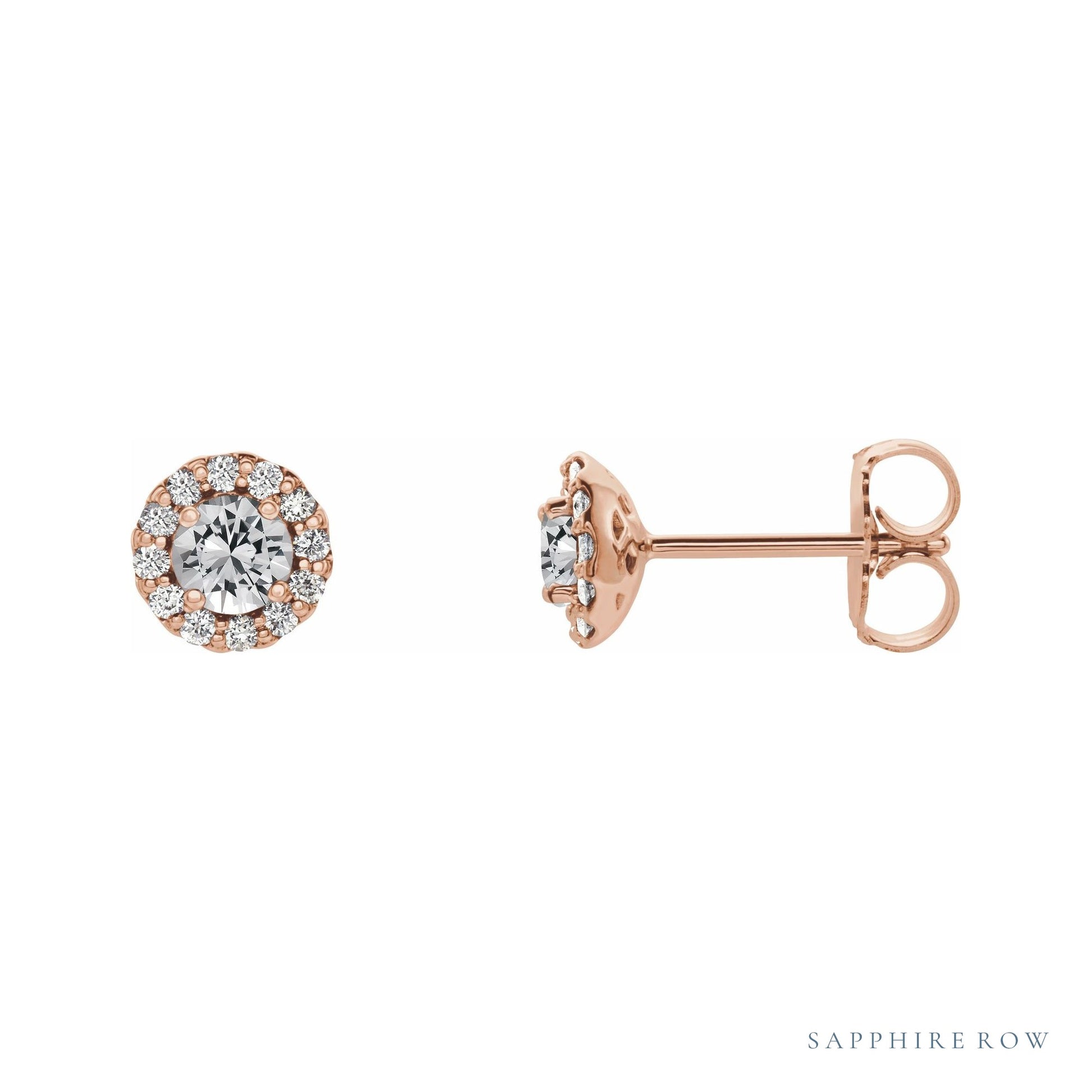 Sapphire Row Natural Gemstone Halo Stud Earrings - White Sapphire, 14K Rose Gold