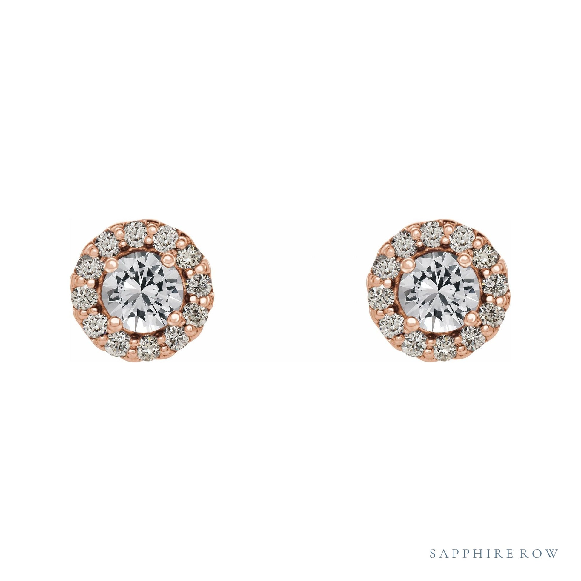 Sapphire Row Natural Gemstone Halo Stud Earrings - White Sapphire, 14K Rose Gold (view 2)