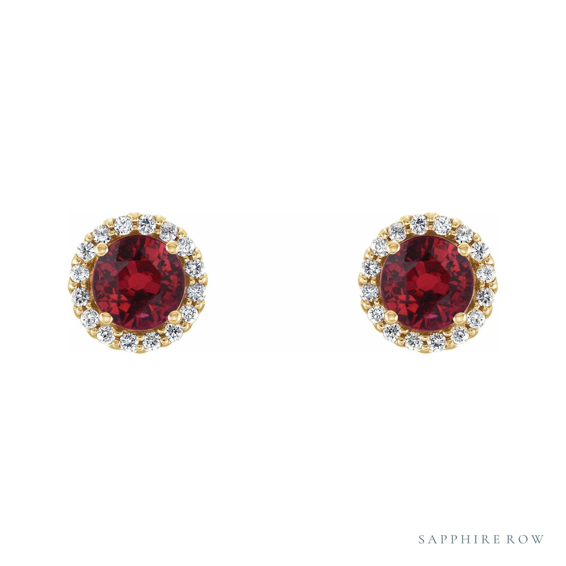 Sapphire Row Lab-Grown Gemstone Halo Stud Earrings - Ruby, 14K Yellow Gold (view 2)