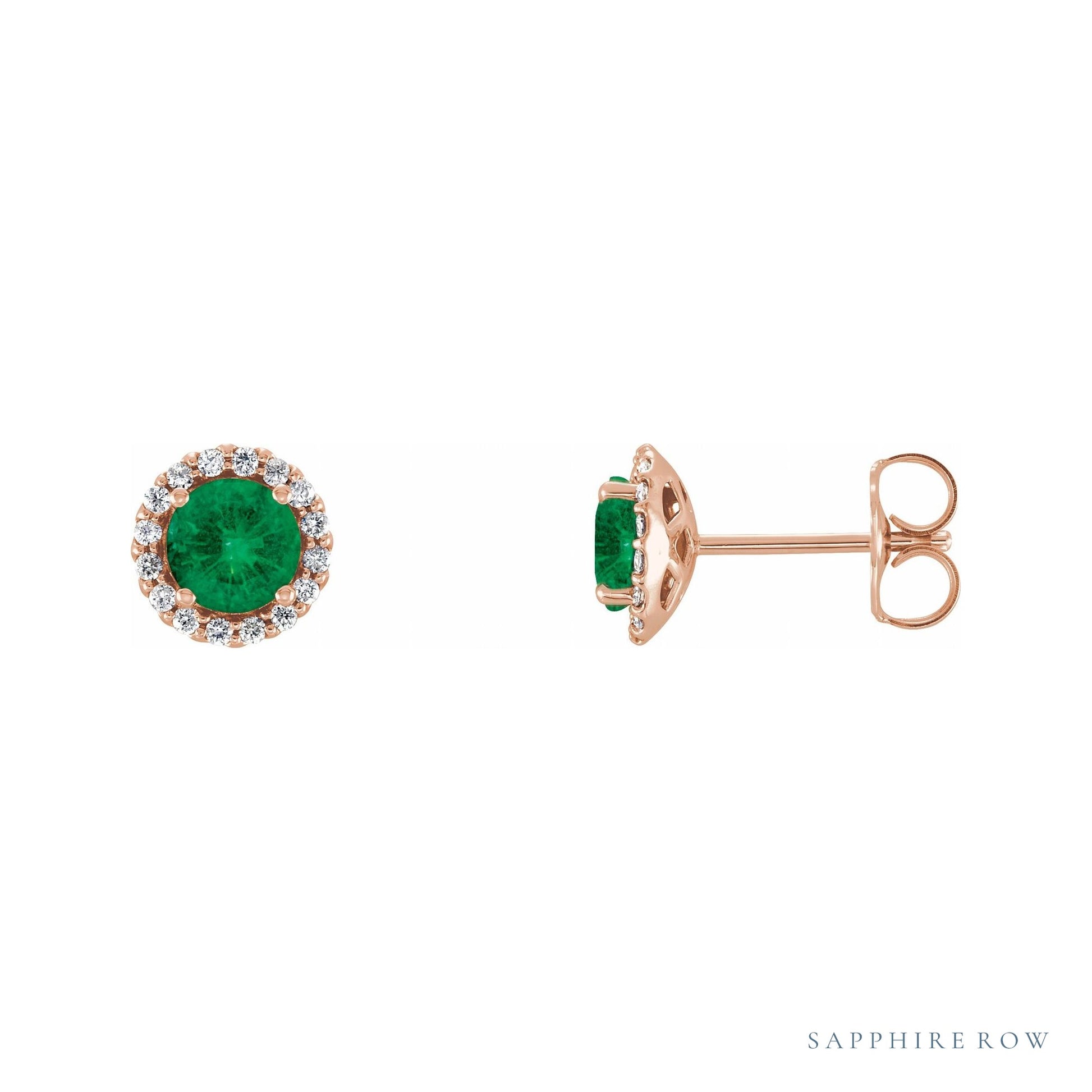 Sapphire Row Lab-Grown Gemstone Halo Stud Earrings - Emerald, 14K Rose Gold
