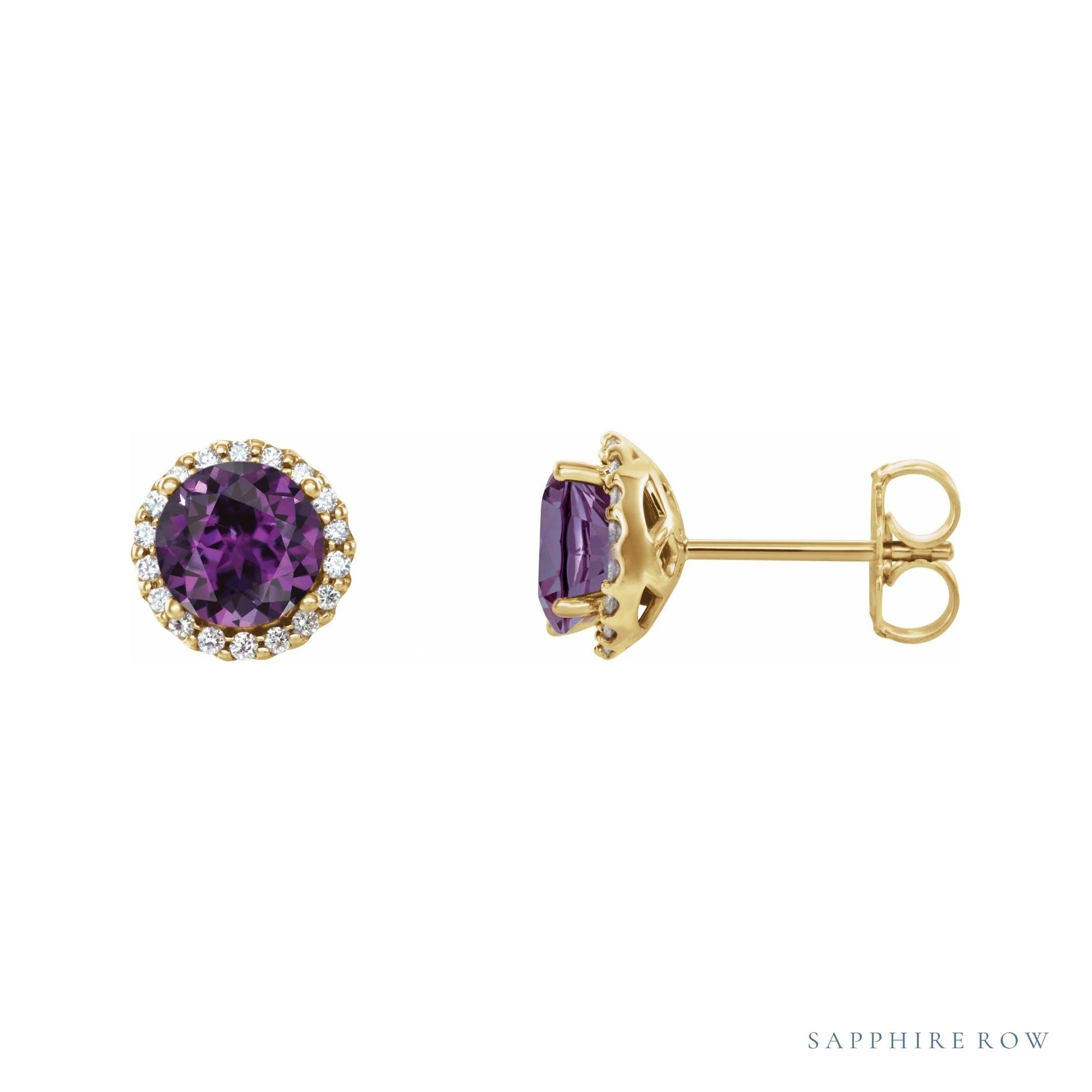 Sapphire Row Lab-Grown Gemstone Halo Stud Earrings - Alexandrite, 14K Yellow Gold, 6 mm
