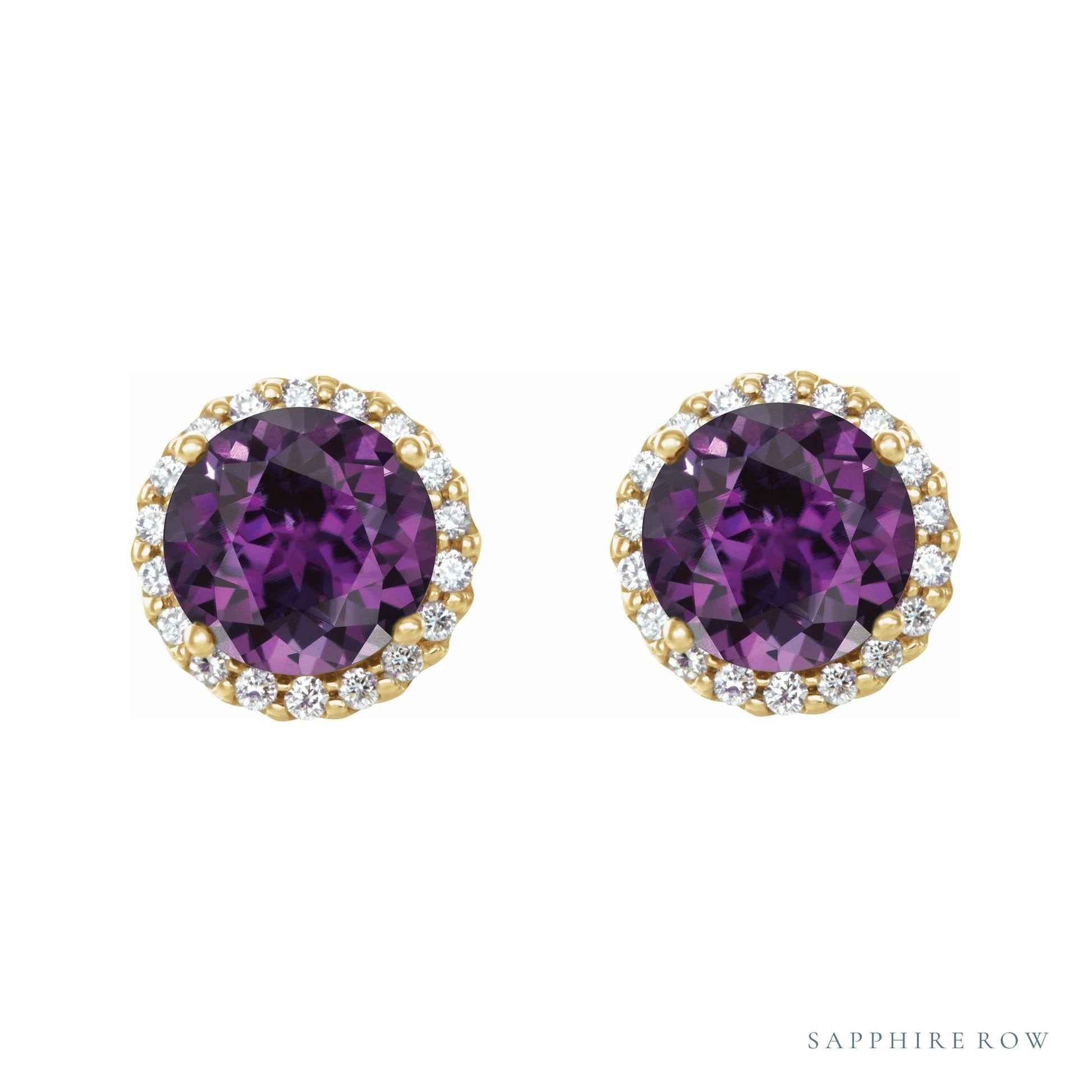 Sapphire Row Lab-Grown Gemstone Halo Stud Earrings - Alexandrite, 14K Yellow Gold, 6 mm (view 2)