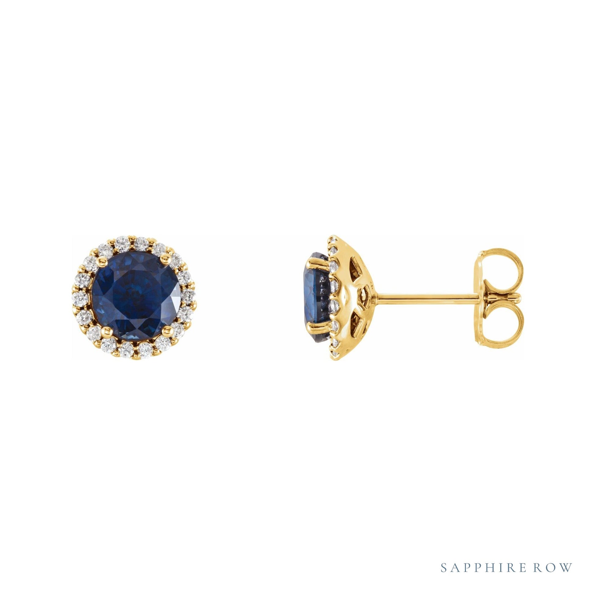 Sapphire Row Lab-Grown Gemstone Halo Stud Earrings - Blue Sapphire, 14K Yellow Gold