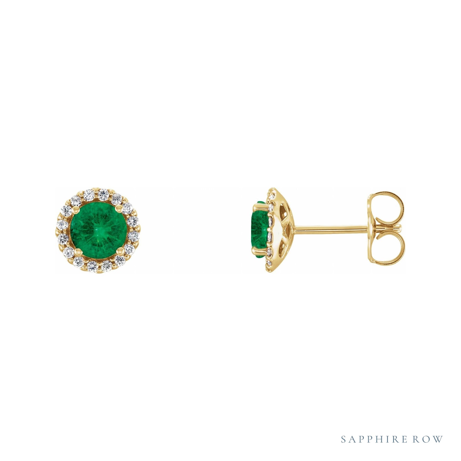 Sapphire Row Lab-Grown Gemstone Halo Stud Earrings - Emerald, 14K Yellow Gold