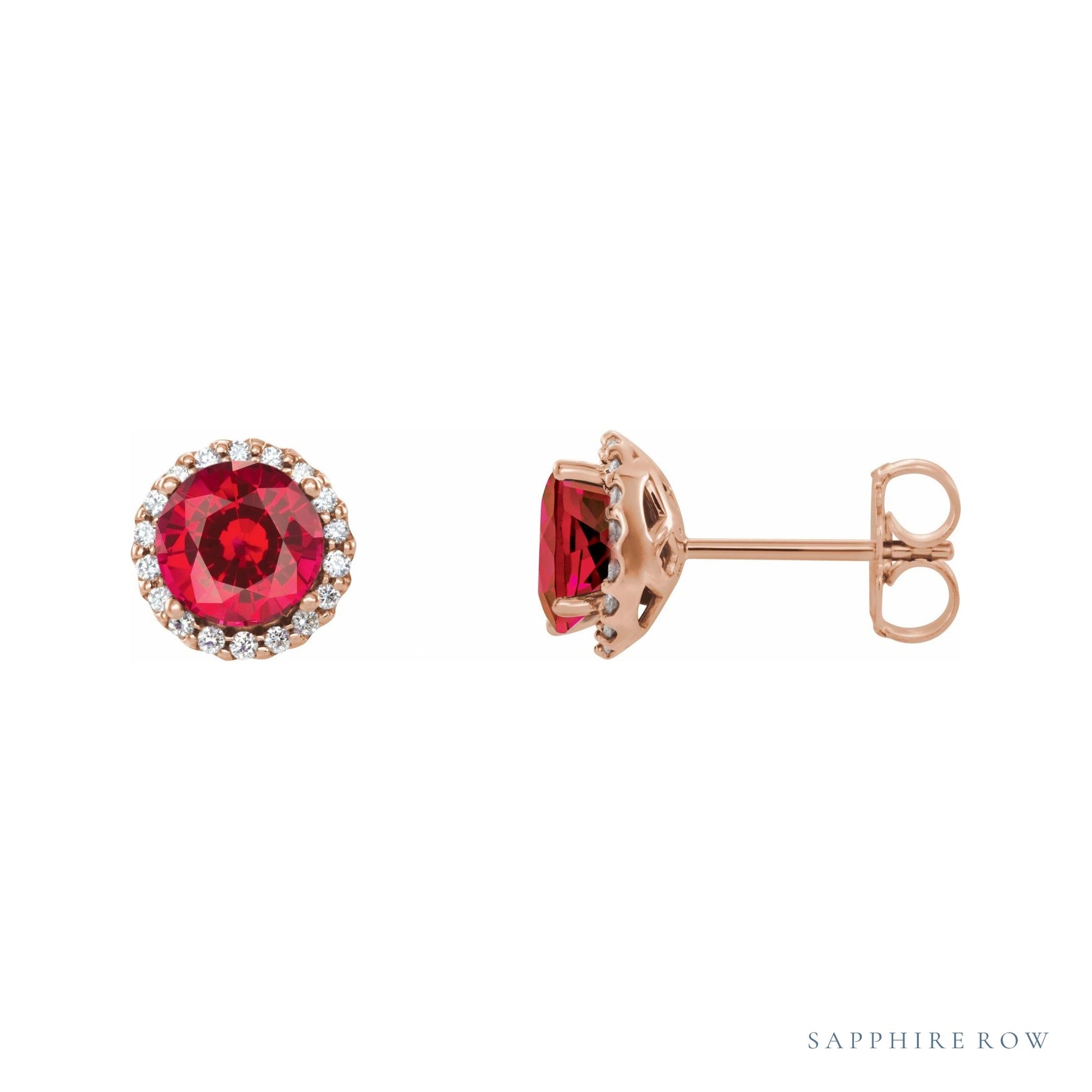 Sapphire Row Lab-Grown Gemstone Halo Stud Earrings - Ruby, 14K Rose Gold, 6 mm