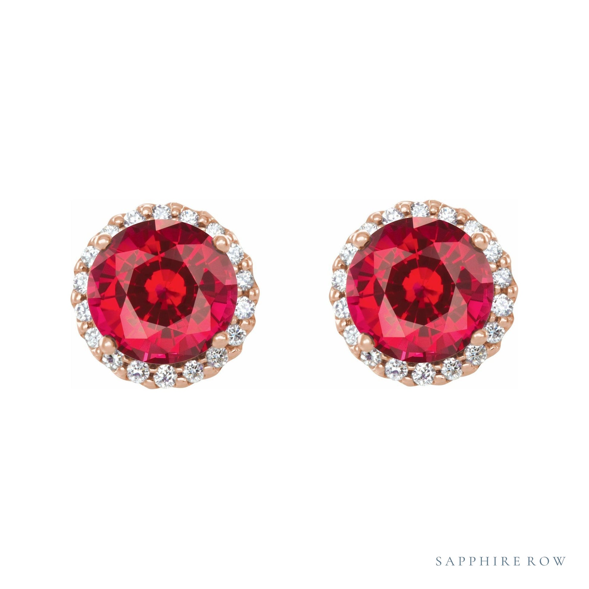 Sapphire Row Lab-Grown Gemstone Halo Stud Earrings - Ruby, 14K Rose Gold, 6 mm (view 2)