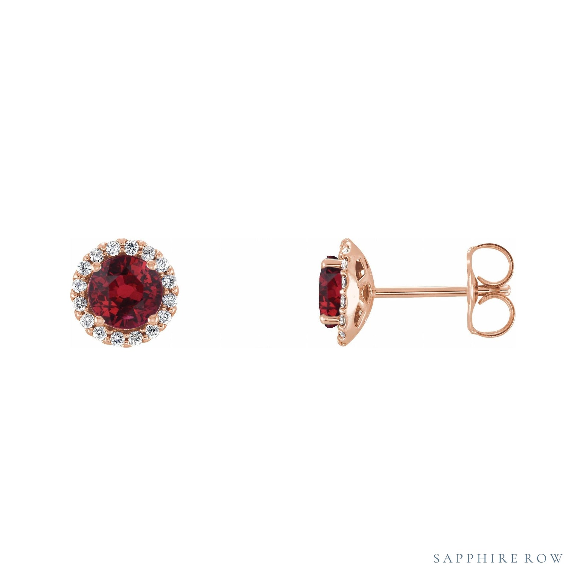 Sapphire Row Lab-Grown Gemstone Halo Stud Earrings - Ruby, 14K Rose Gold