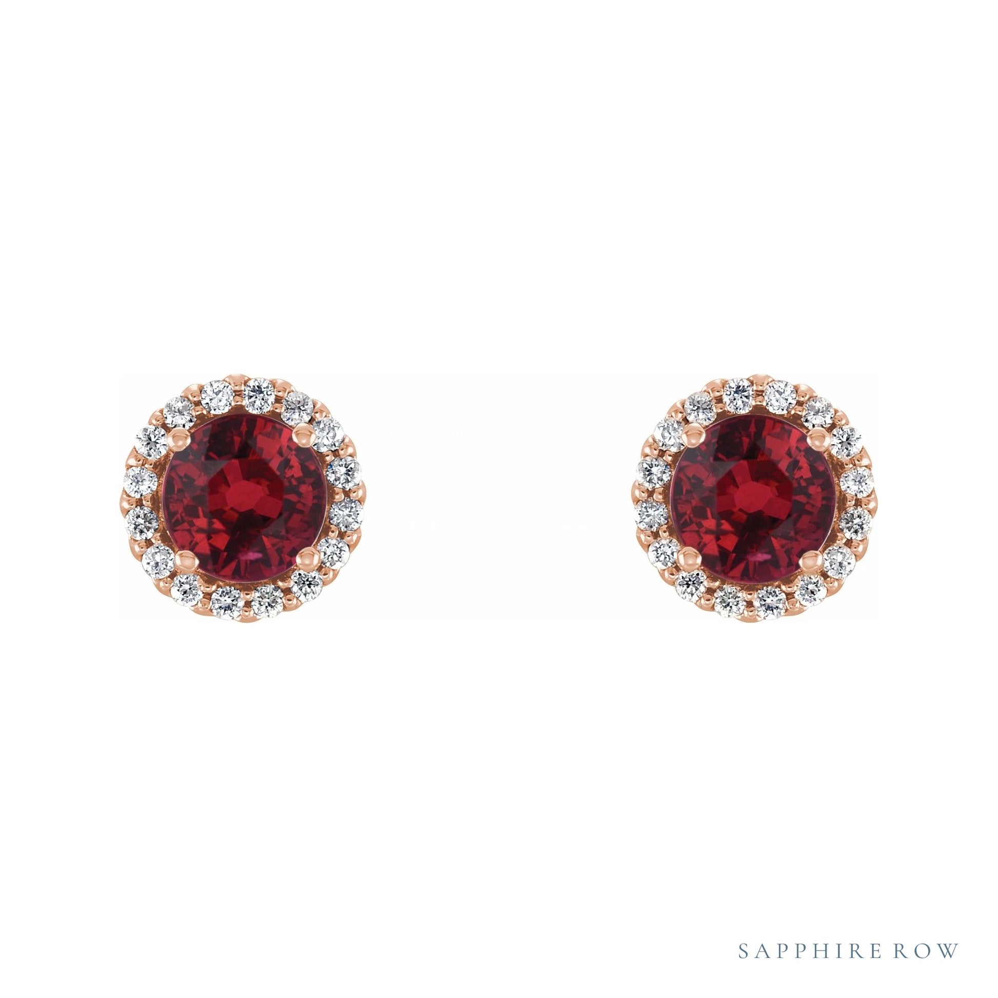 Sapphire Row Lab-Grown Gemstone Halo Stud Earrings - Ruby, 14K Rose Gold (view 2)