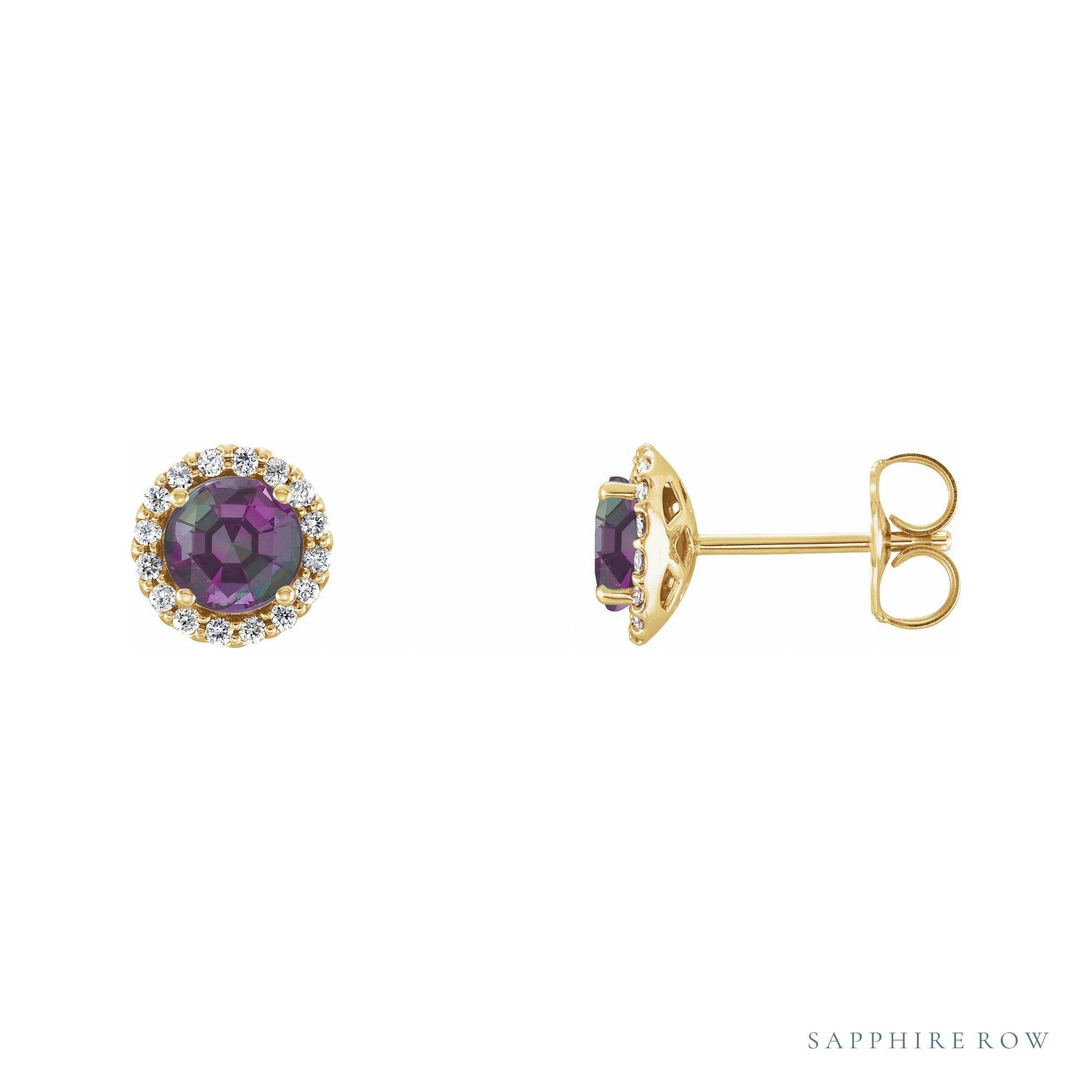 Sapphire Row Lab-Grown Gemstone Halo Stud Earrings - Alexandrite, 14K Yellow Gold