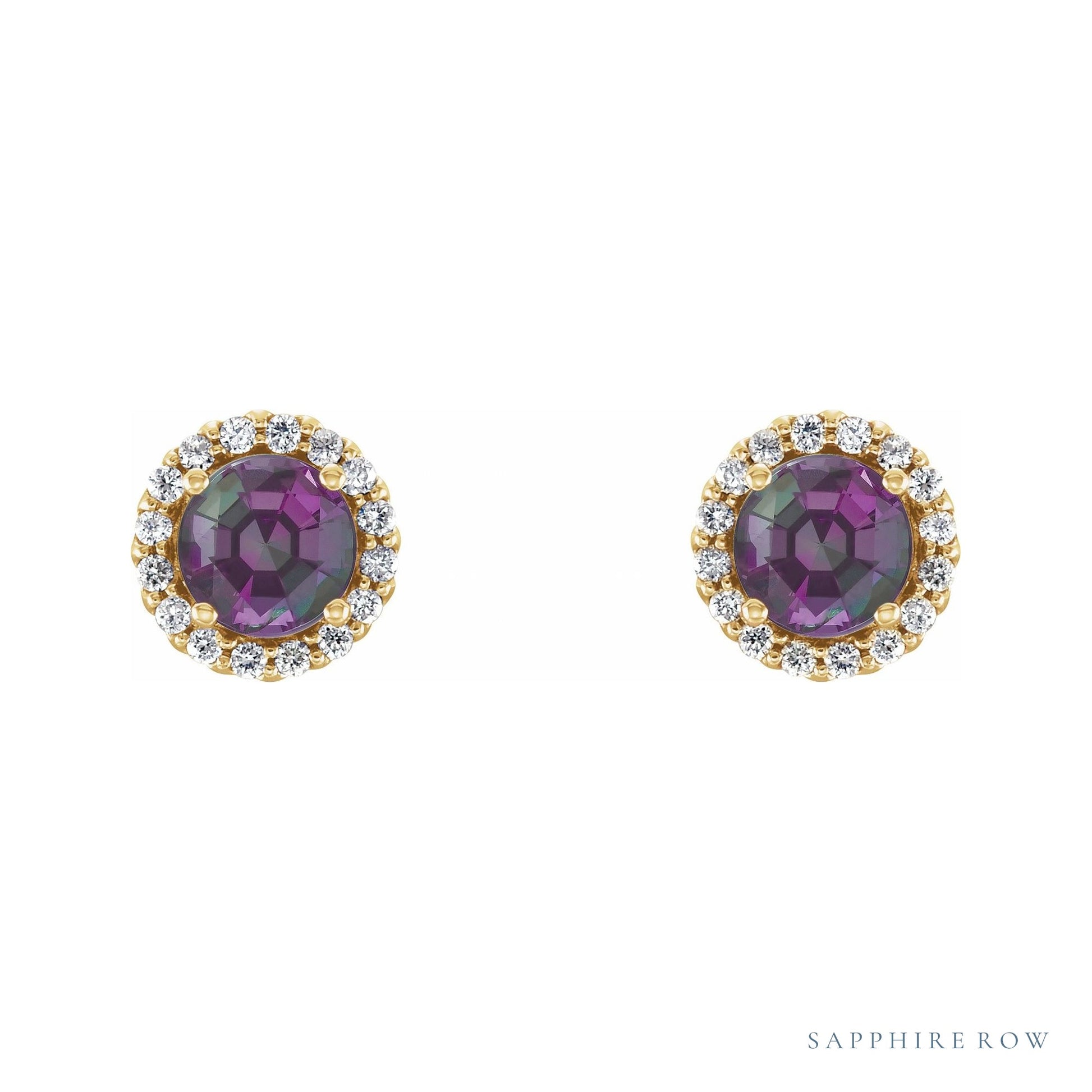 Sapphire Row Lab-Grown Gemstone Halo Stud Earrings - Alexandrite, 14K Yellow Gold (view 2)