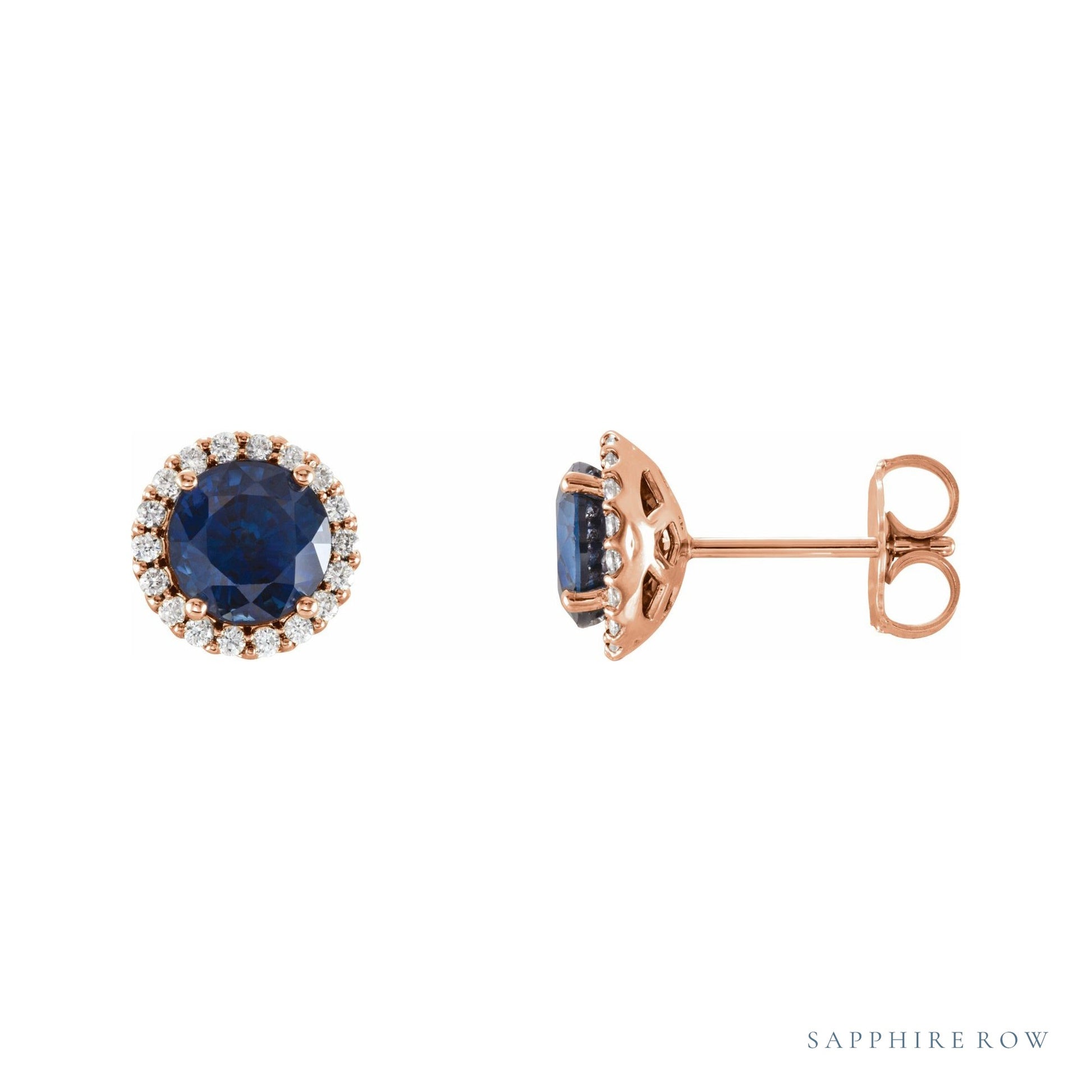 Sapphire Row Lab-Grown Gemstone Halo Stud Earrings - Blue Sapphire, 14K Rose Gold