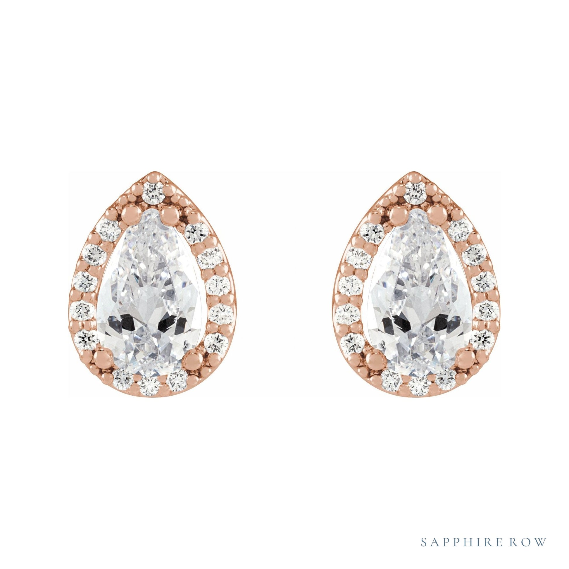 Sapphire Row Natural Diamond Pear Halo Stud Earrings - 14K Rose Gold, 1/4 CTW (view 2)