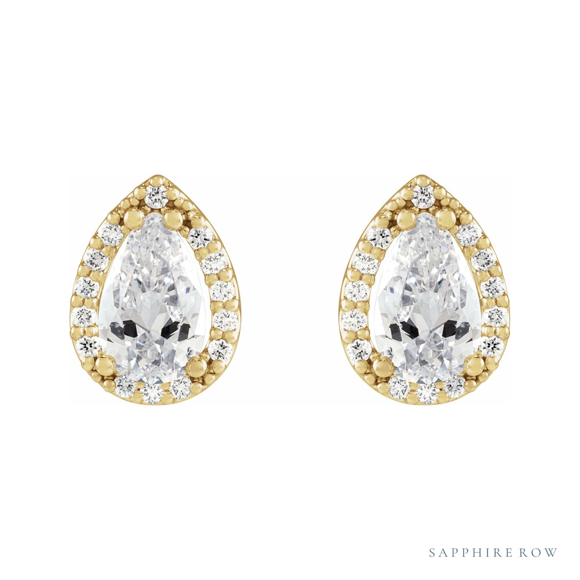 Sapphire Row Natural Diamond Pear Halo Stud Earrings - 14K Yellow Gold, 1/4 CTW (view 2)