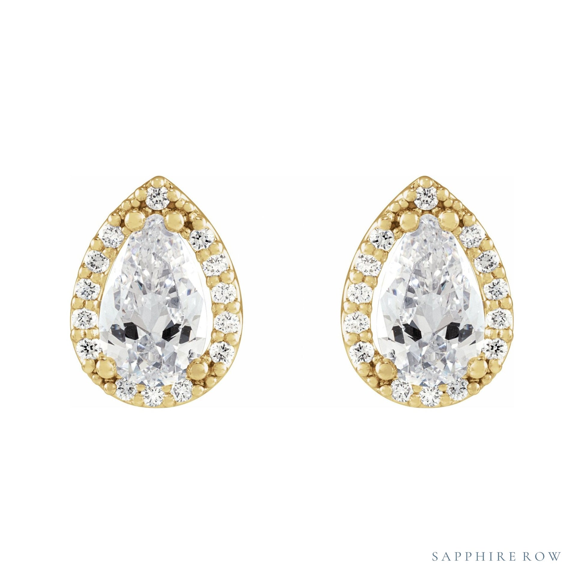 Sapphire Row Natural Diamond Pear Halo Stud Earrings - 14K Yellow Gold, 1/4 CTW (view 2)