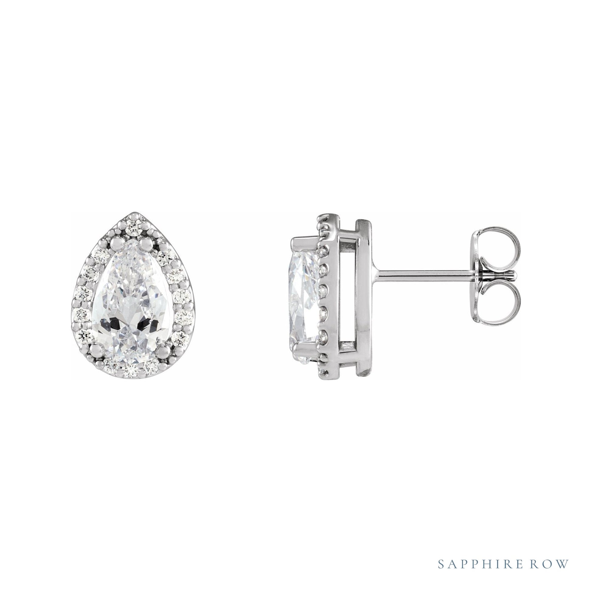 Sapphire Row Lab-Grown Gemstone Pear Halo Stud Earrings - Moissanite, 14K White Gold, 3 mm