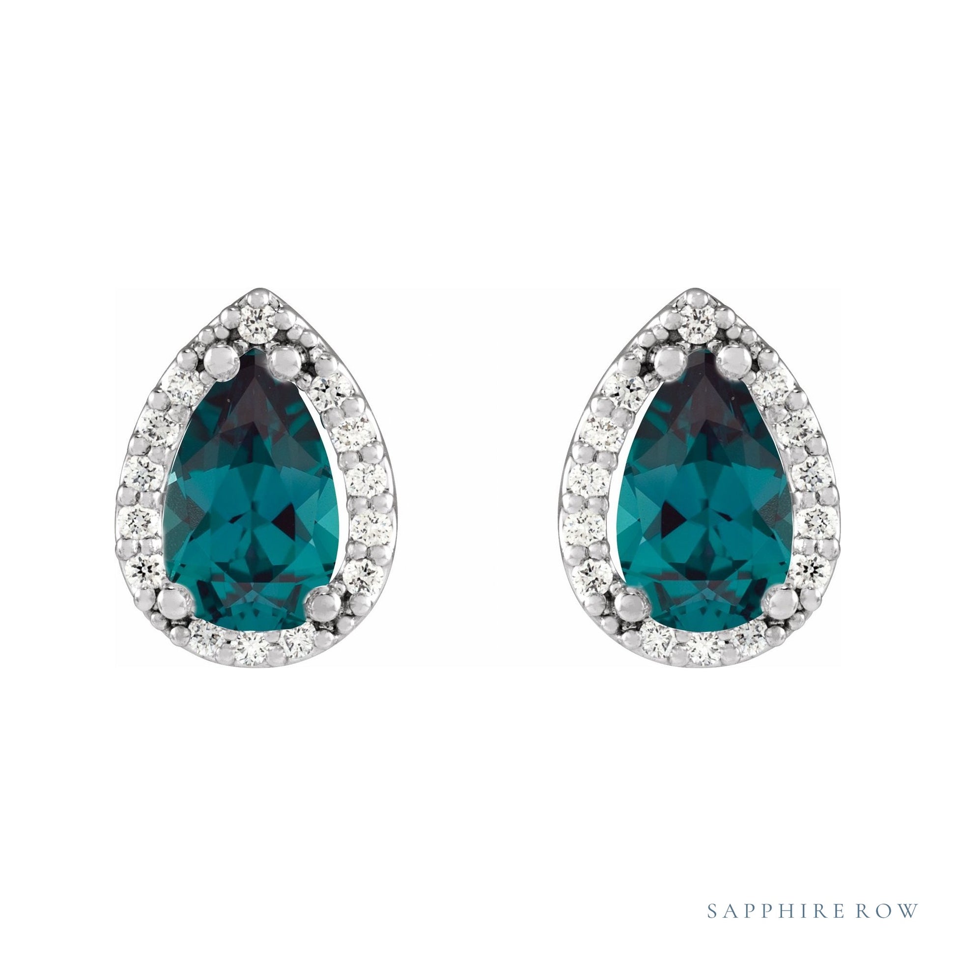 Sapphire Row Lab-Grown Gemstone Pear Halo Stud Earrings - Alexandrite, Platinum (view 2)