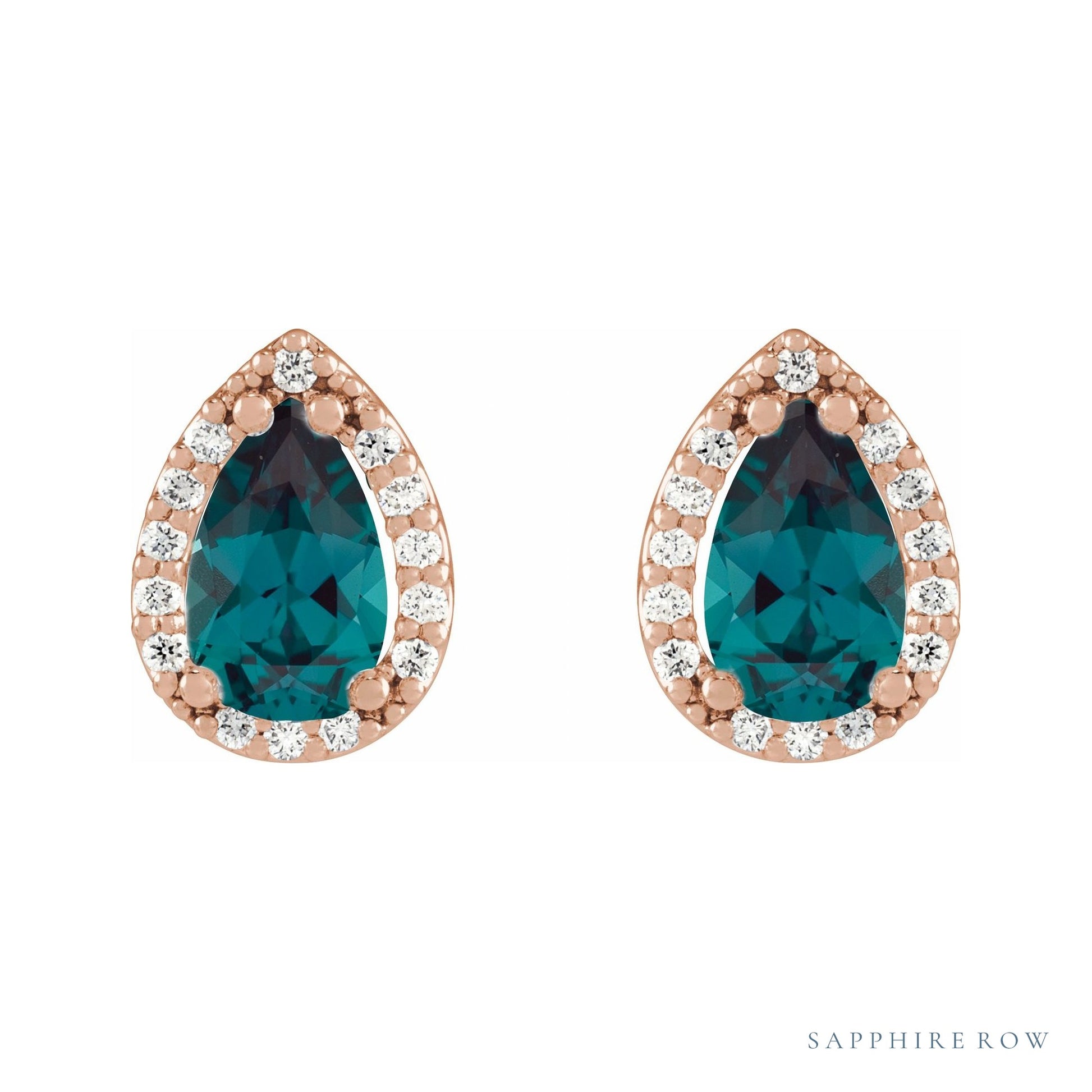 Sapphire Row Lab-Grown Gemstone Pear Halo Stud Earrings - Alexandrite, 14K Rose Gold (view 2)