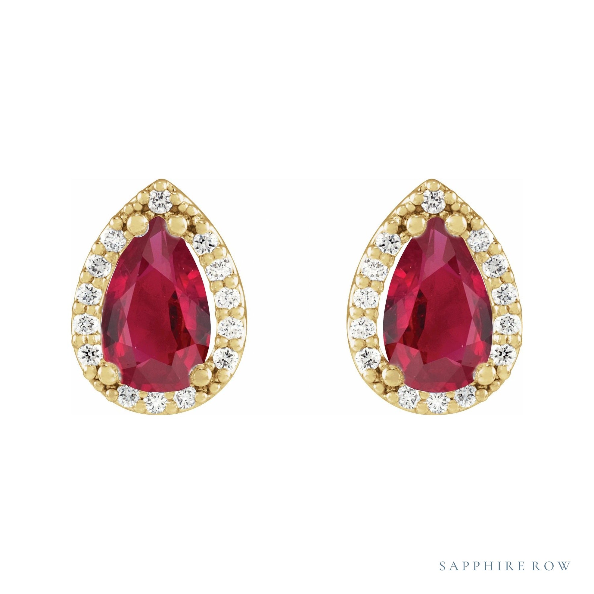 Sapphire Row Lab-Grown Gemstone Pear Halo Stud Earrings - Ruby, 14K Yellow Gold, 3 mm (view 2)