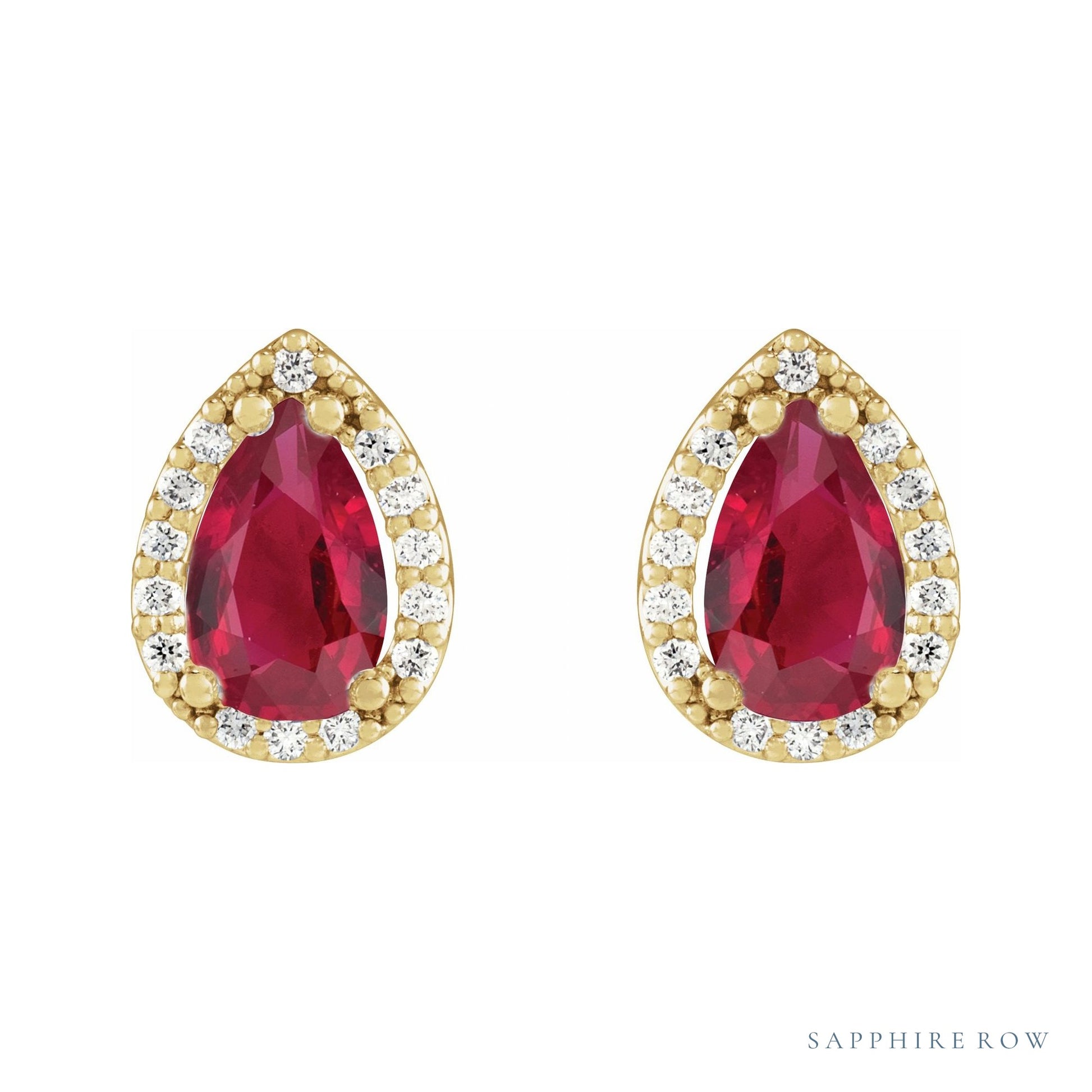Sapphire Row Lab-Grown Gemstone Pear Halo Stud Earrings - Ruby, 14K Yellow Gold, 3 mm (view 2)