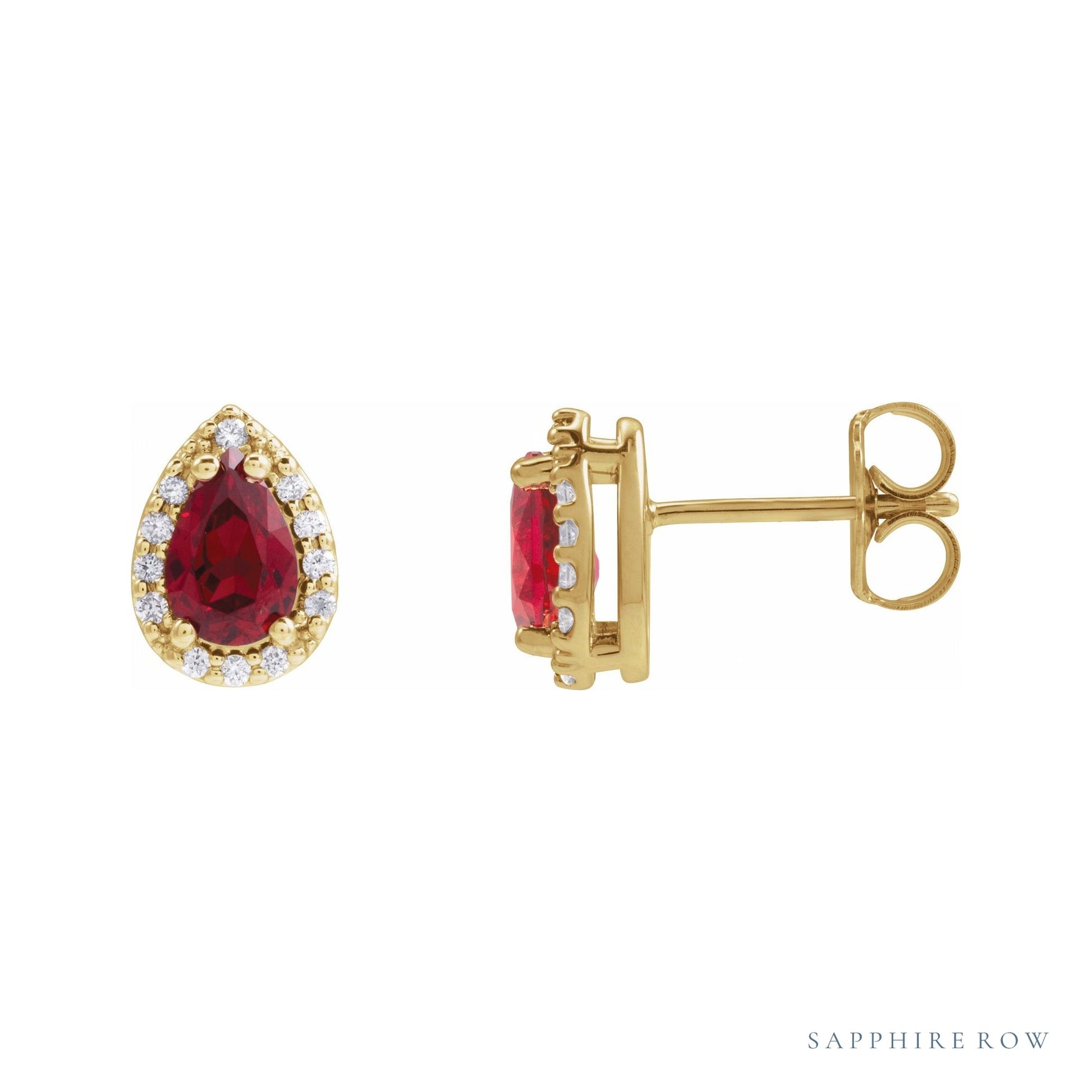 Sapphire Row Lab-Grown Gemstone Pear Halo Stud Earrings - Ruby, 14K Yellow Gold, 4 mm