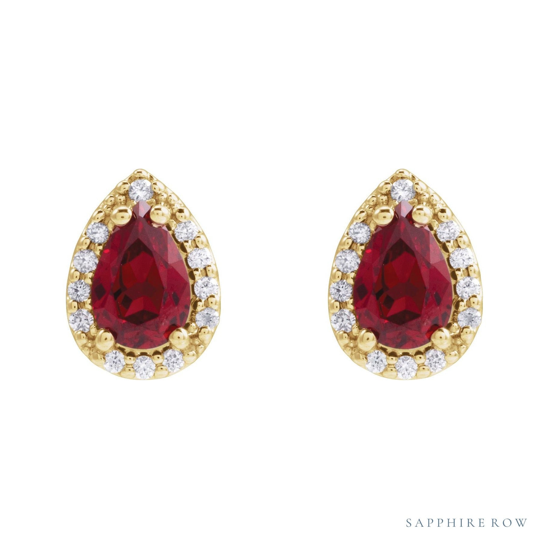 Sapphire Row Lab-Grown Gemstone Pear Halo Stud Earrings - Ruby, 14K Yellow Gold, 4 mm (view 2)